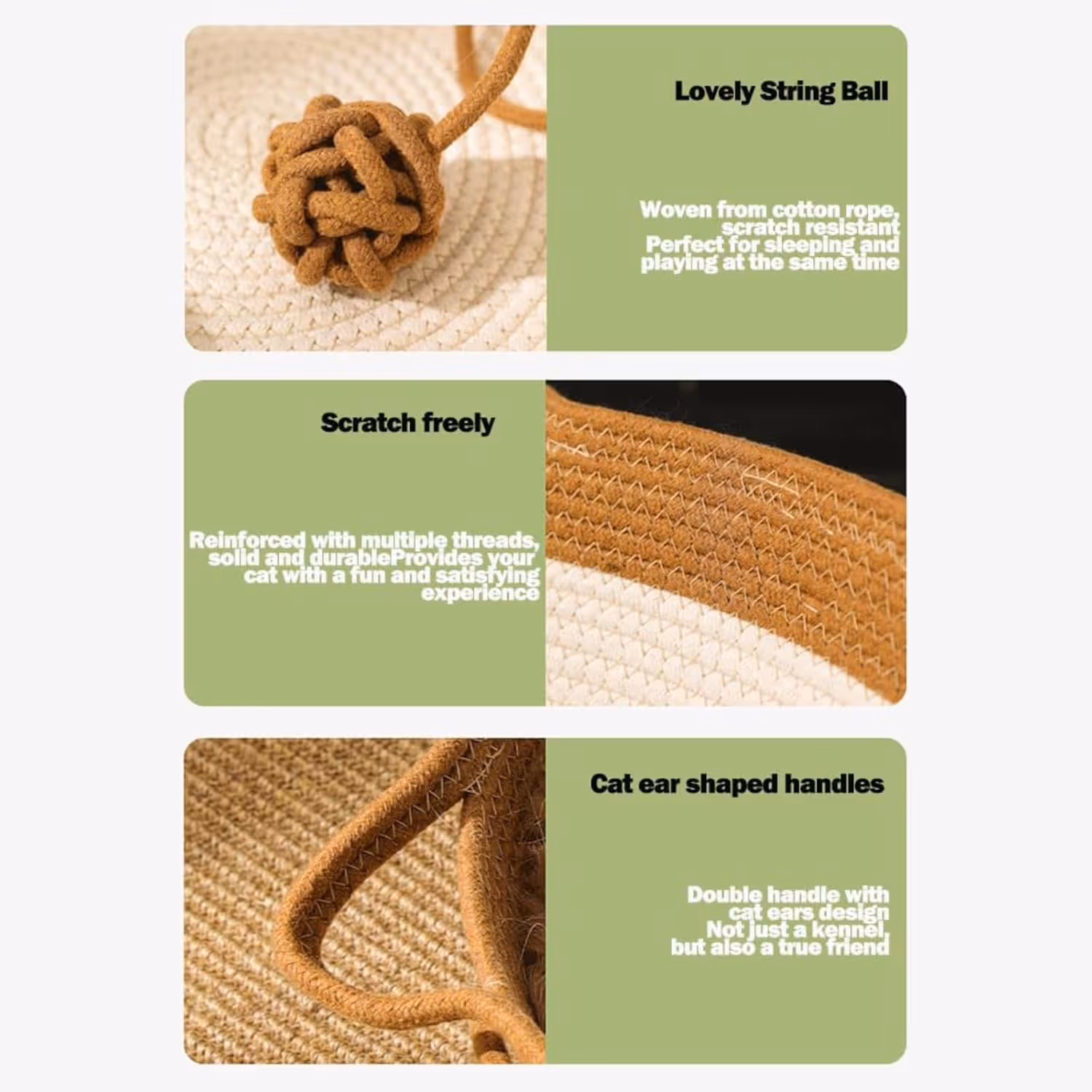 Cat Bed Rope Cotton, Cotton Rope Woven Round Cat Beds Basket with Built-in Teasing Ball, Handwoven Foldable Scratchable for Small & Large pet Brown(L) — image 6