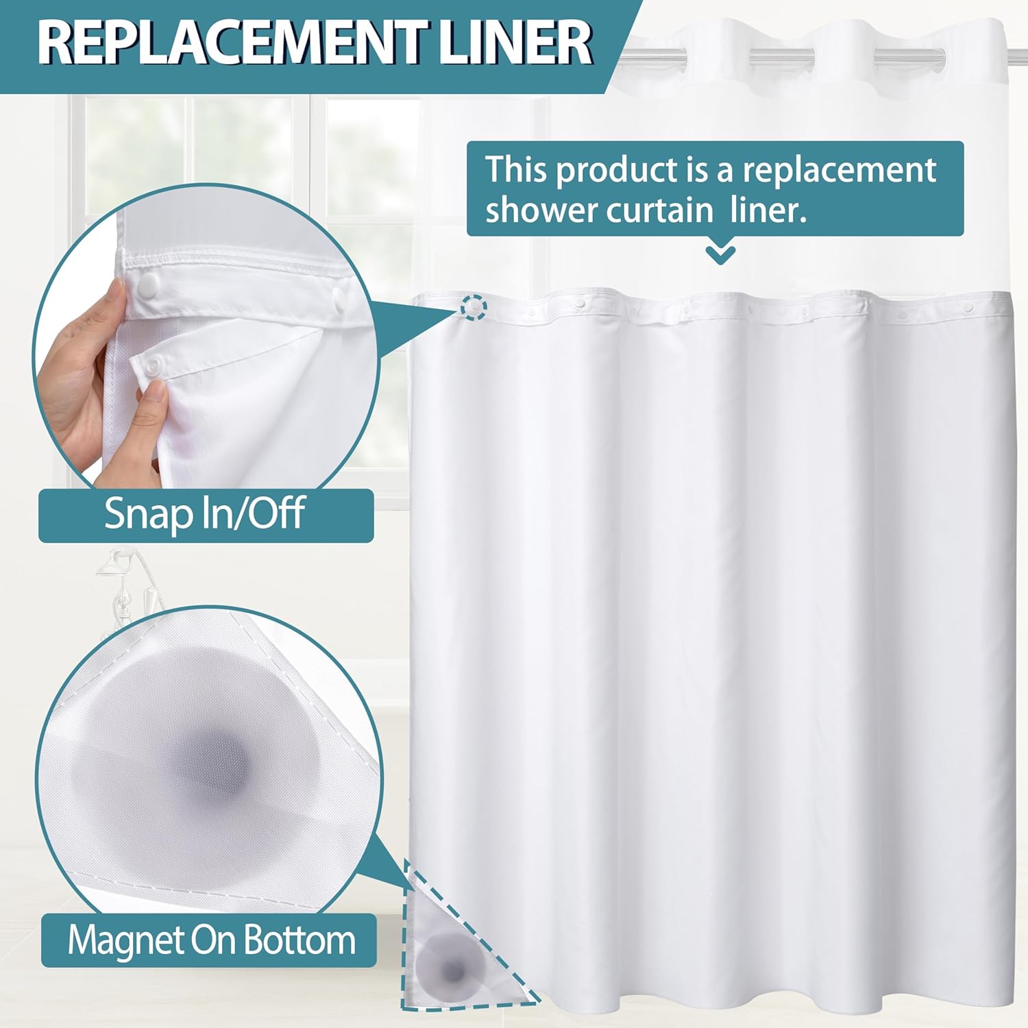 Snap in Shower Curtain Liner Replacement Shower Curtain Liner Removable Liner (1 Pack, 70" W x 54" H-White) — image 2