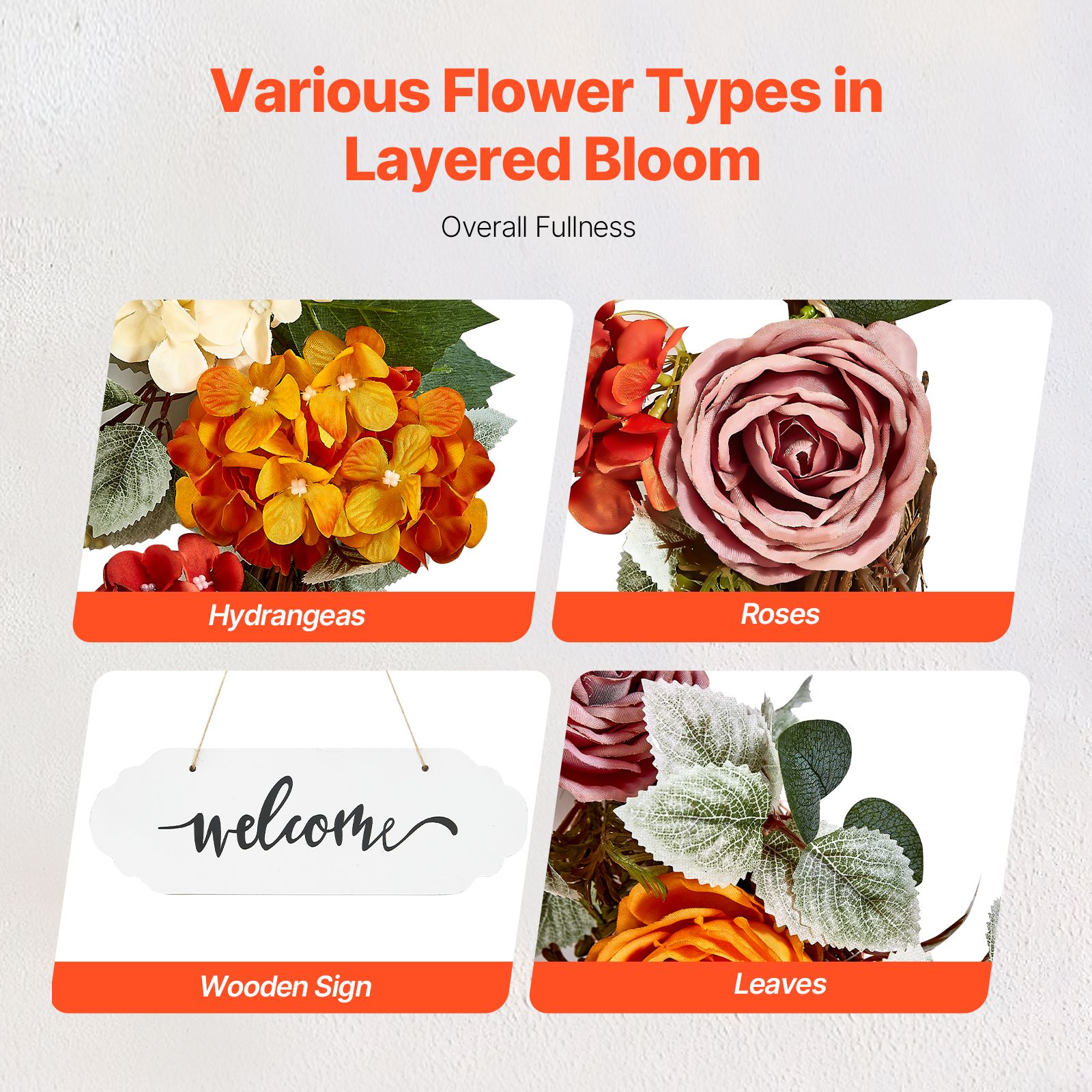 Artificial Decorative Wreath 60.96 cm Red Orange Yellow Hydrangeas Roses — image 4