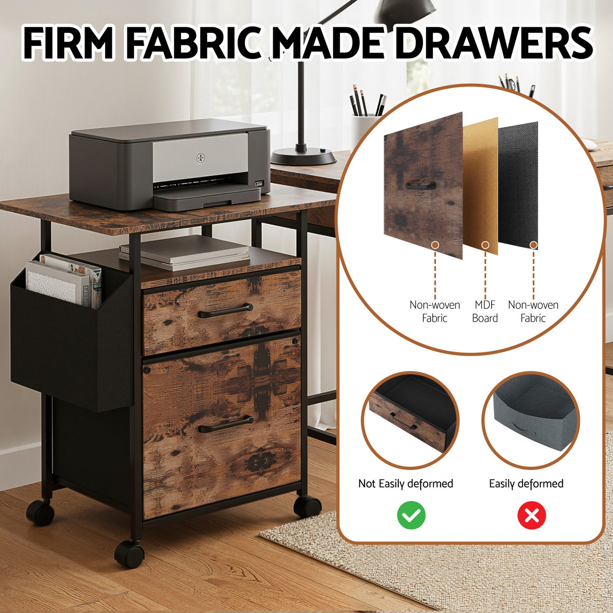 Artiss 2 Fabric Drawer File Cabinet Printer Stand Rolling File Cabinet with Side Bag — image 6