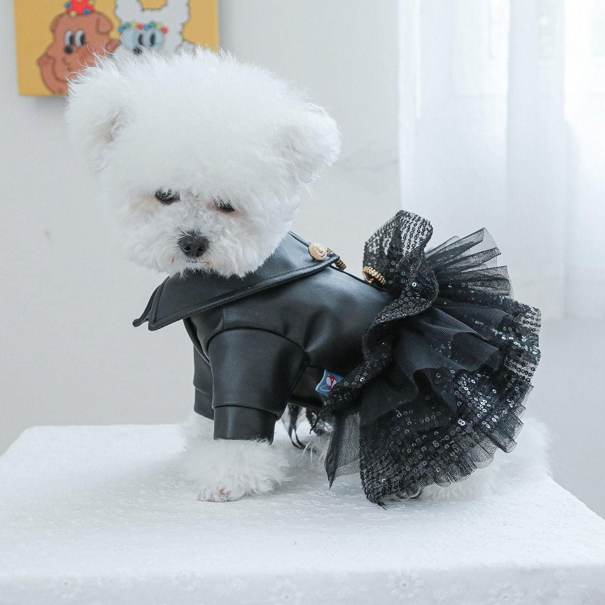 Autumn Winter Pet Dog Cat Dress Faux Leather Sequin Skirt Outfit for Small Dogs - L — image 5