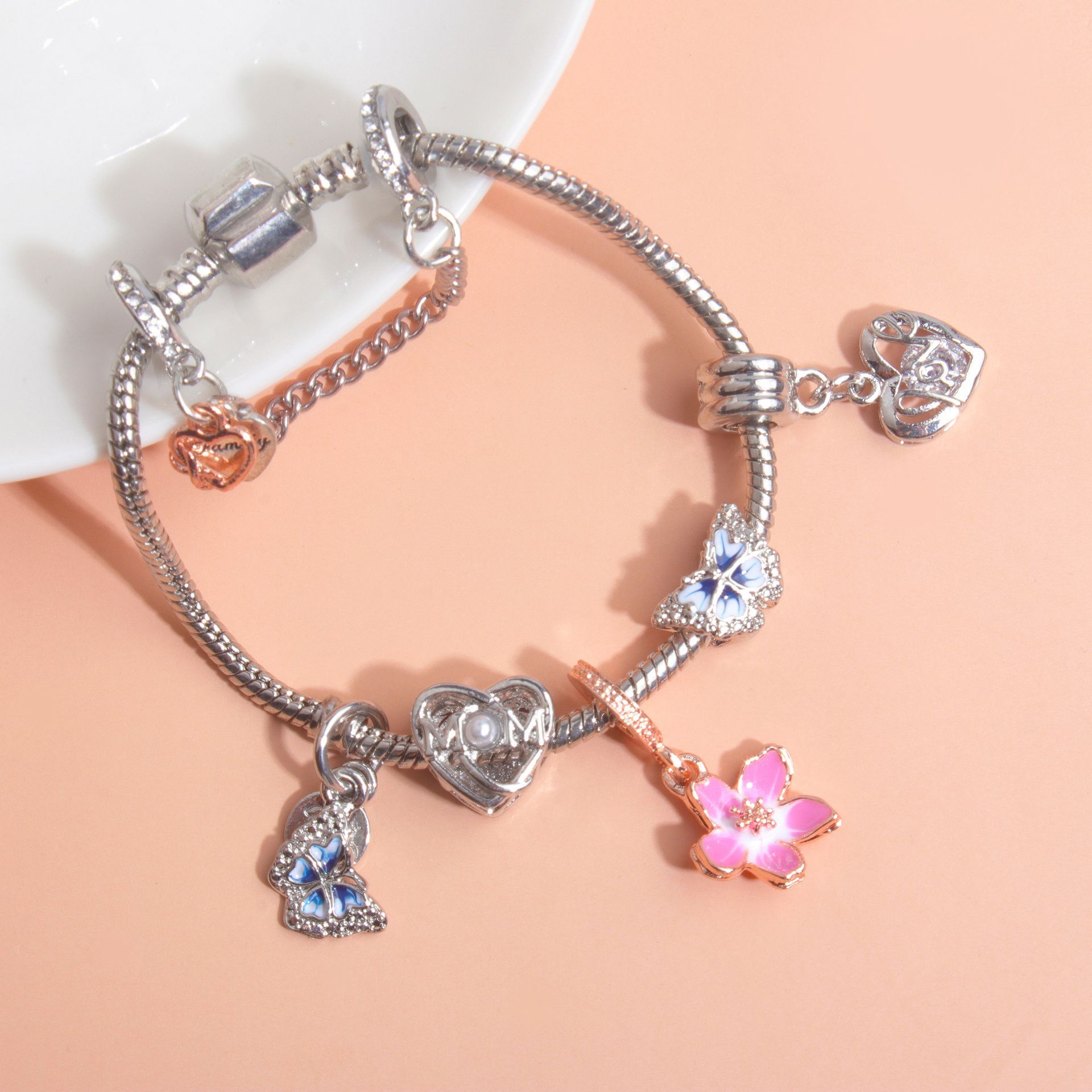Blue Butterfly Glass Bead & Pink Flower Pendant Charm Bracelet(17cm) — image 4