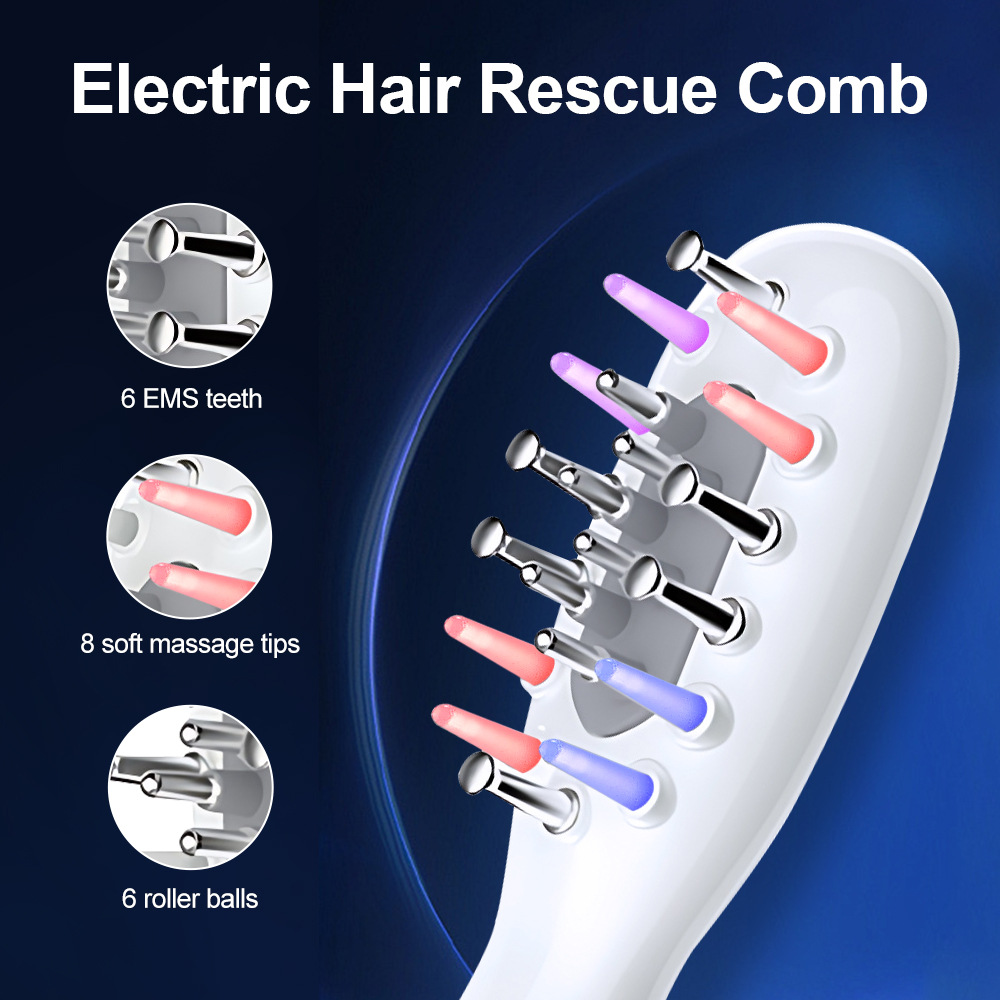 White Porrtable EMS Vibration Scalp Massager & Hair Growth Comb - Tri-Color LED Therapy, 8 Gentle Comb Teeth | 6 EMS Teeth | 6 Essence-Dispensing Teeth for — image 2