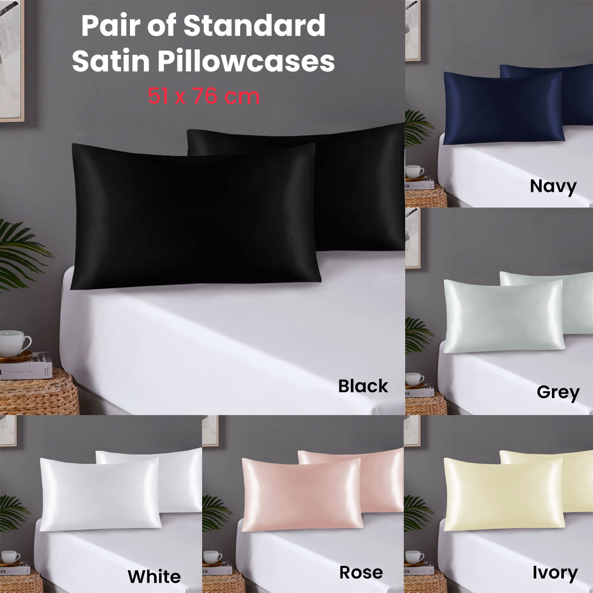 Pair of Standard Satin Silk Pillowcases with Envelope Closure 51 × 76 cm Black — image 2