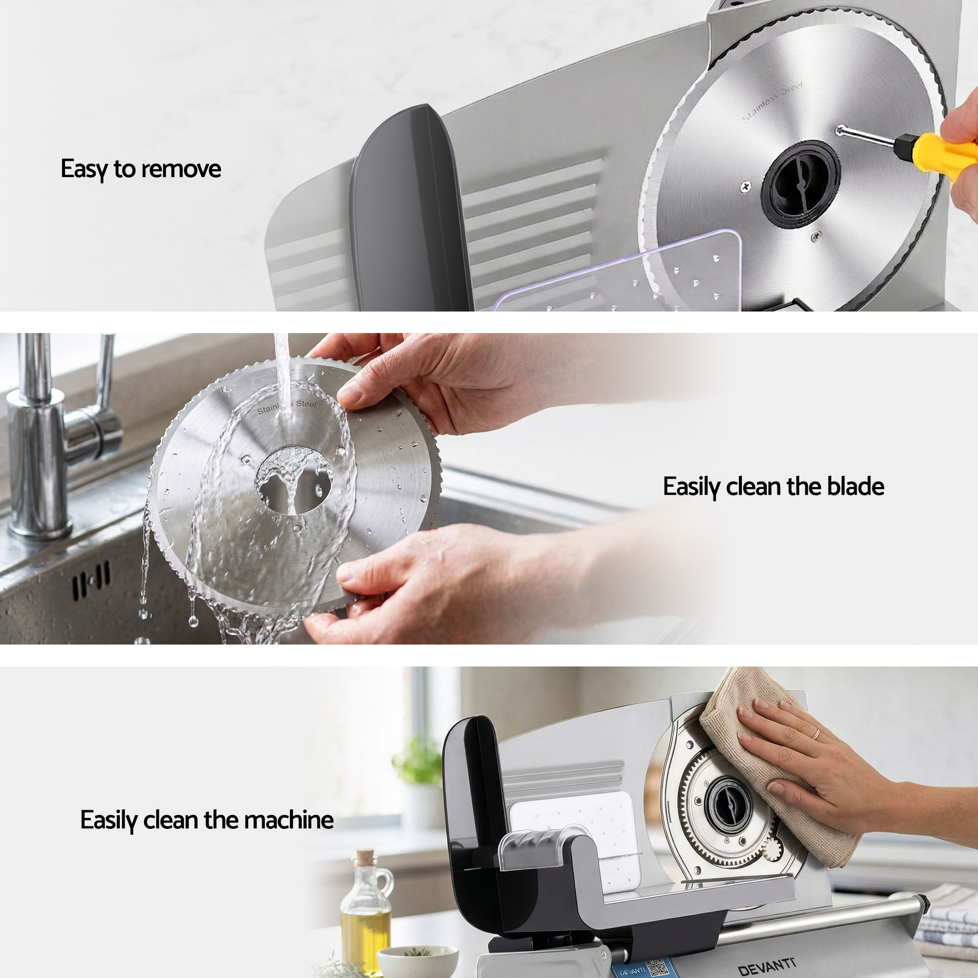 Devanti Meat Slicer Bread Vegetable, 200W Power 0-15mm Adjustable Easy Clean Stable Stainless Steel Blade Food Slicer for Kitchen Commercial, Silver — image 6