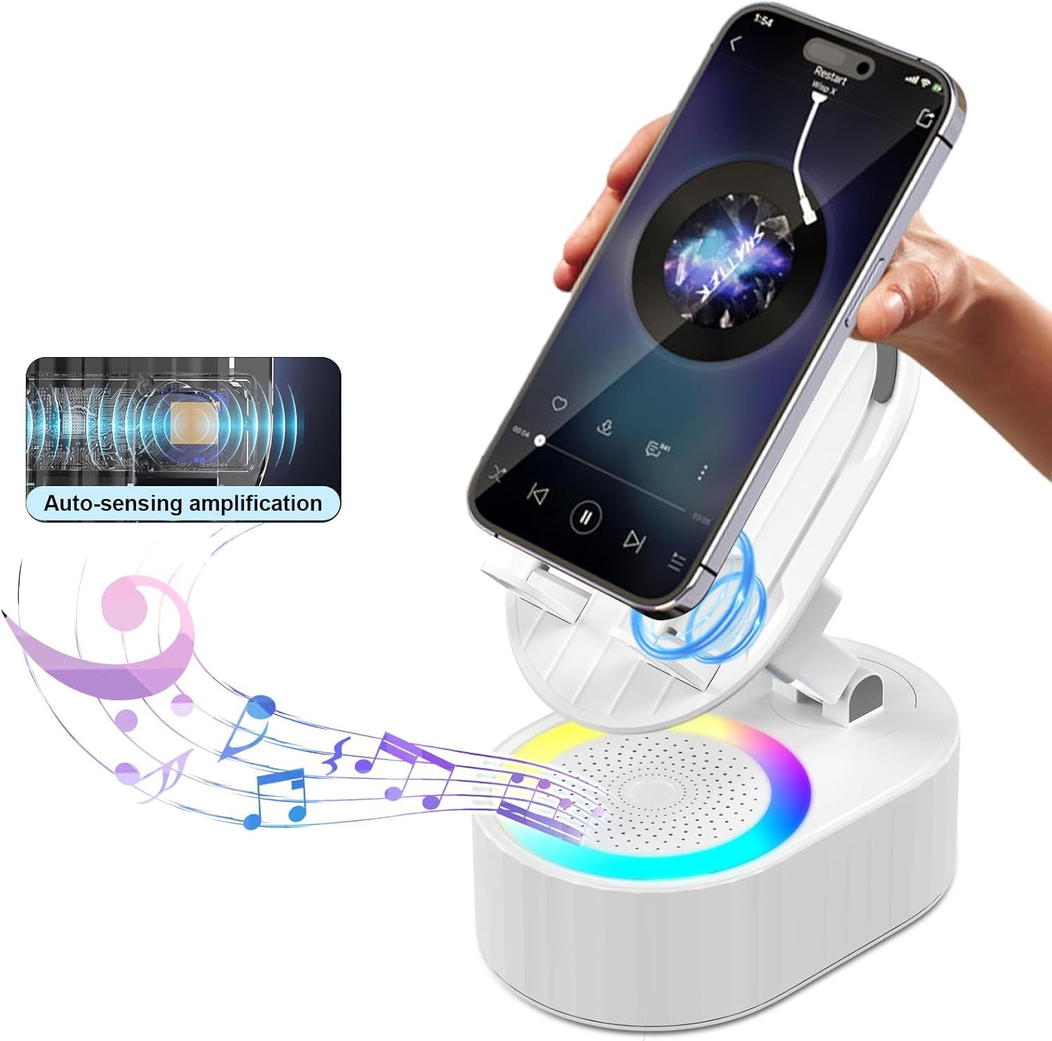 Wireless Induction Audio Bluetooth Speaker 5in1 Phone Holder Emergency Rechargeable (3000mAh) with Colorful Ambient Light 300° Foldable for Tablet iPhone