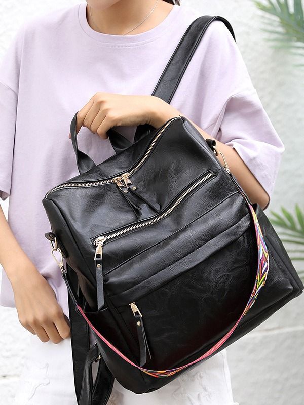 Women Backpack Purse, PU Leather Casual Fashion Shoulder Bag Convertible Detachable Colorful Strap 3 Ways to Carry Black — image 3