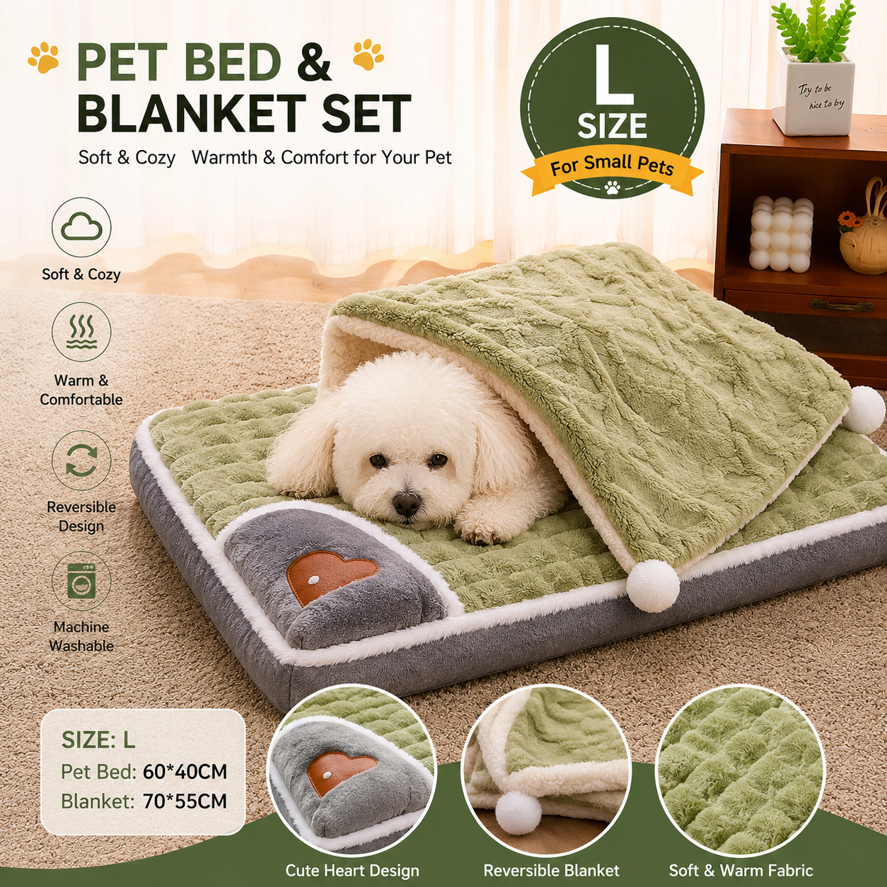 2-piece L size Green Pet Winter Comfort Bundle – 70 × 55cm Plush Pet Blanket and 60 × 40cm Thickened Pet Sleeping Bed Set for Dogs and Cats, Double-Sided Warm