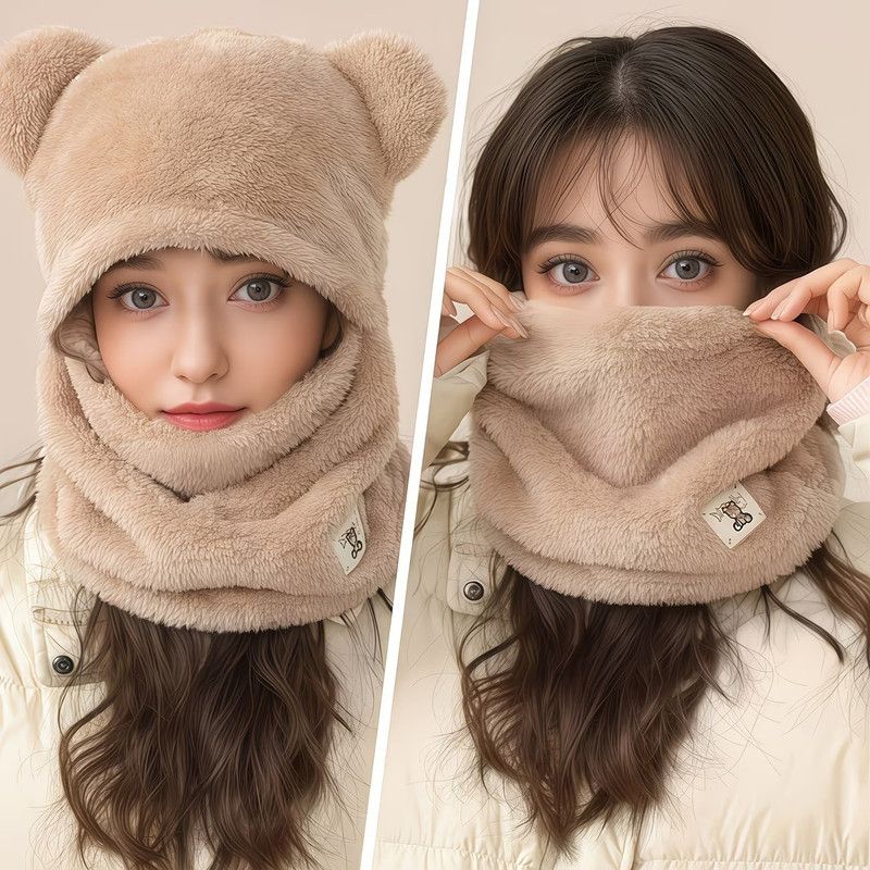 Cute Bear Ear Plush Integrated Balaclava Hat, 4-in-1 Windproof Warm Neck and Face Cover Hat - Khaki — image 4