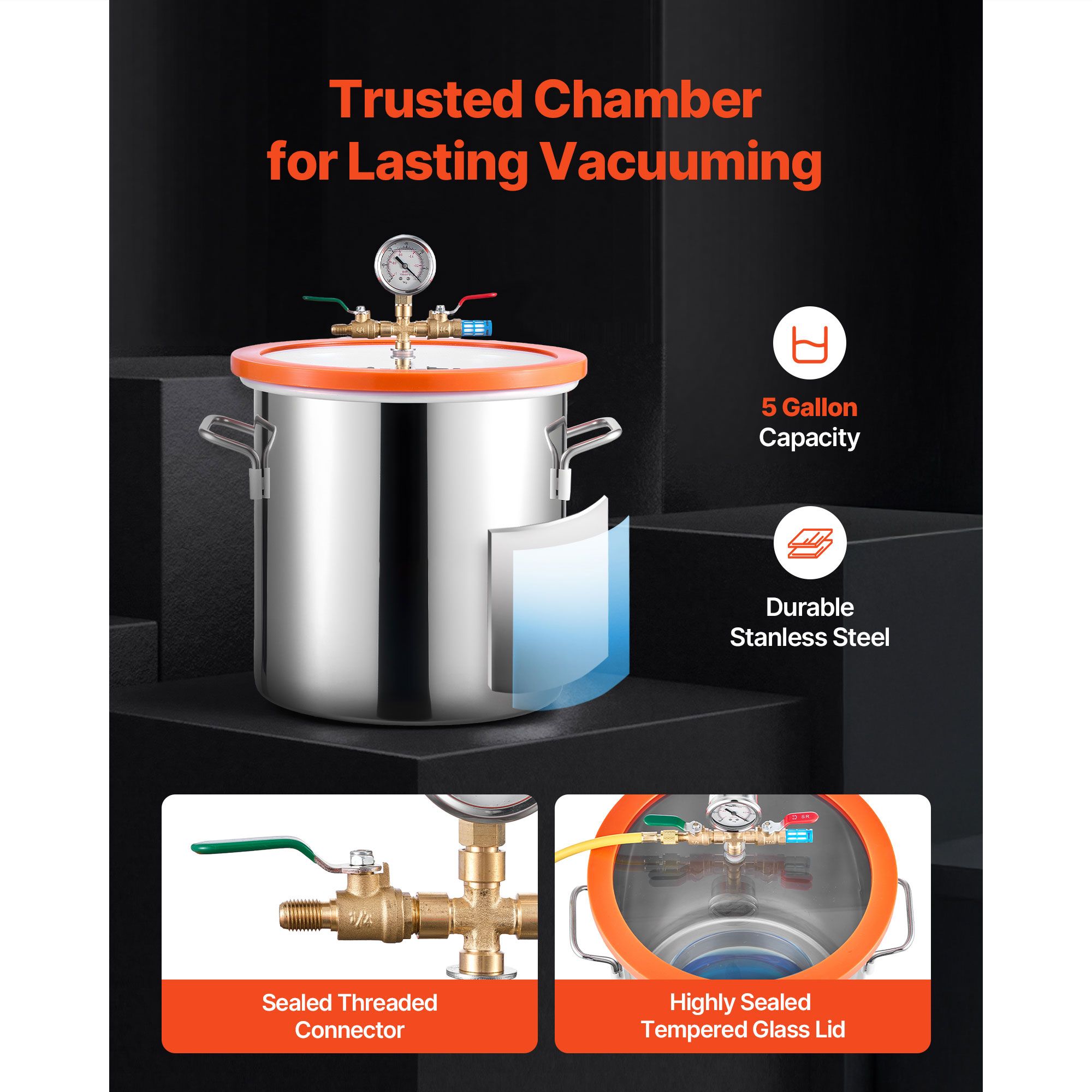 18.93 L Vacuum Chamber with Pump, 3.5 CFM 99 L/min, Single Stage Vacuum Pump, Stainless Steel Degassing Chamber Kit, Tempered Glass Lid, 1.5 m Hose, for — image 4