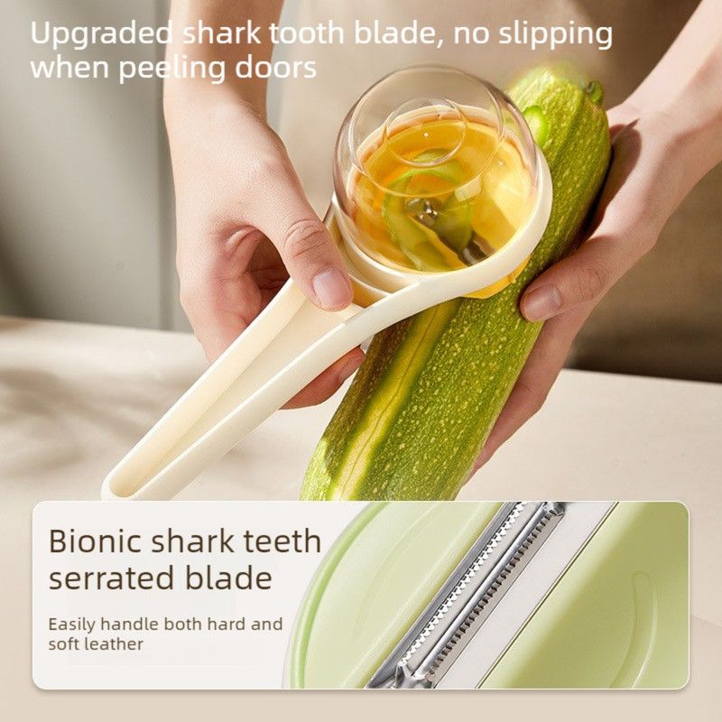 Rotatable Vegetable Peeler with Peel Storage Container, Anti-Splash Stainless Steel Peeling Tool—Beige — image 3