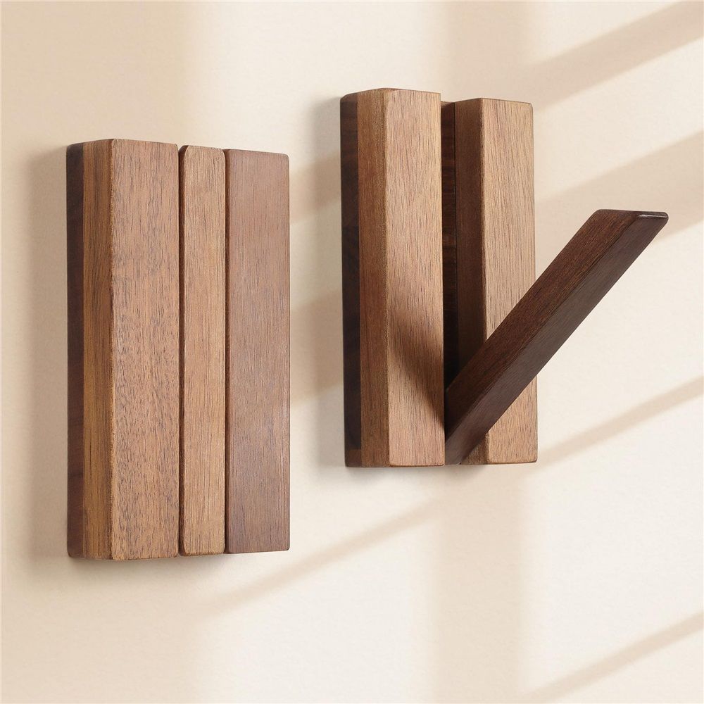 Foldable Wall Hooks 2Pack: Rustic Wooden Coat Hooks Mounted for Heavy Duty Hanging Hats Bags Beach Towels, Space Saving Minimalist Design for — image 2