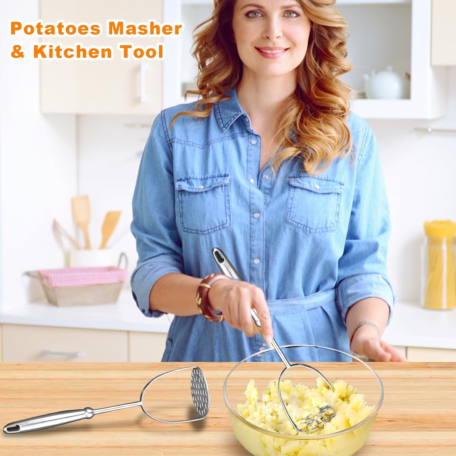 Potato Masher, Stainless Steel Mashed Potatoes Masher with Long Handle for Beans, Avocado, Fruit, Vegetables.One Piece Construction Heavy Duty Masher — image 3