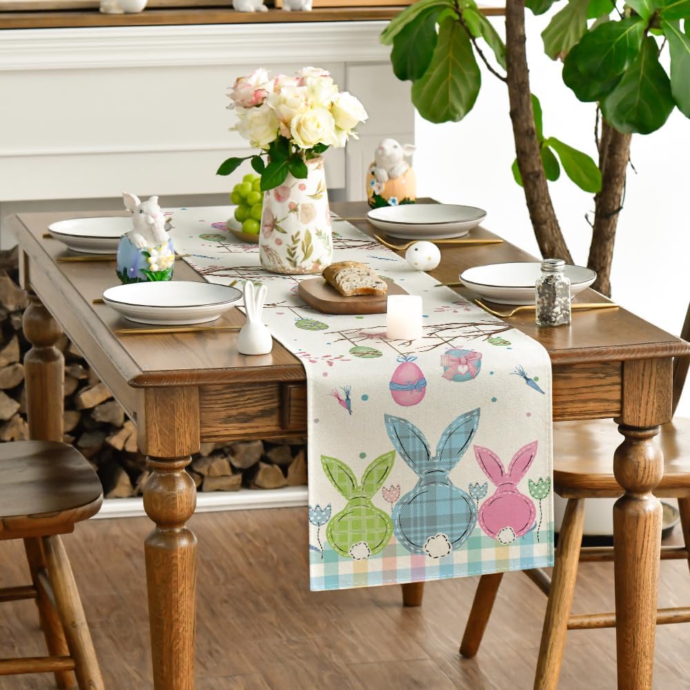 Buffalo Plaid Bunny Egg Carrot Easter Table Runner, Seasonal Spring Kitchen Dining Table Decoration for Home Party Decor 13 × 72 Inch — image 3