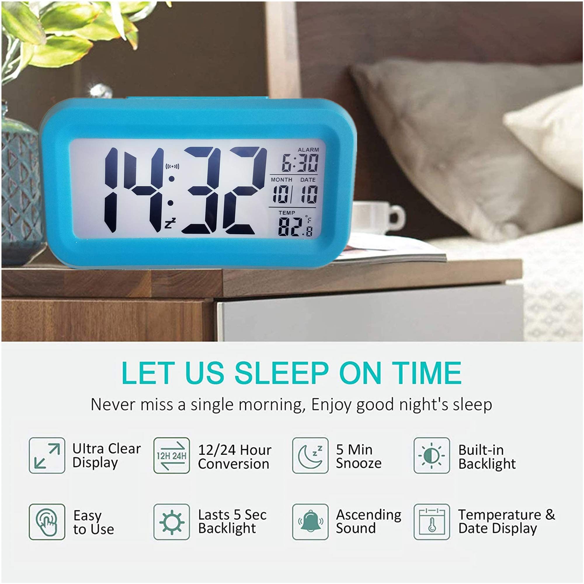 Smart Digital Alarm Clock with Temperature and Date Display,Battery Operated Desk Small Clock for Bedroom Home Office — image 4
