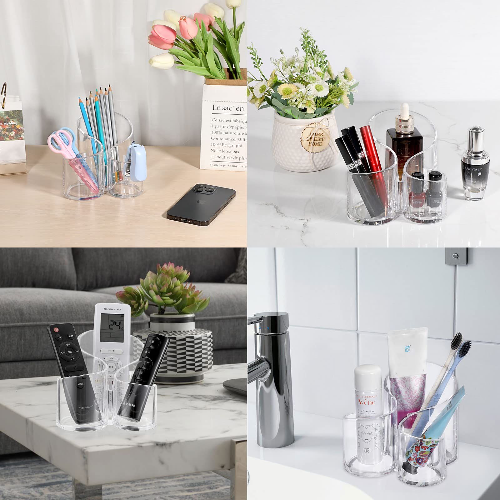 Acrylic Makeup Brush Holder Clear Cosmetics Brush Organizer Remote Control Holder Office Desktop Pen/Pencil, 3 Compartment โ image 2