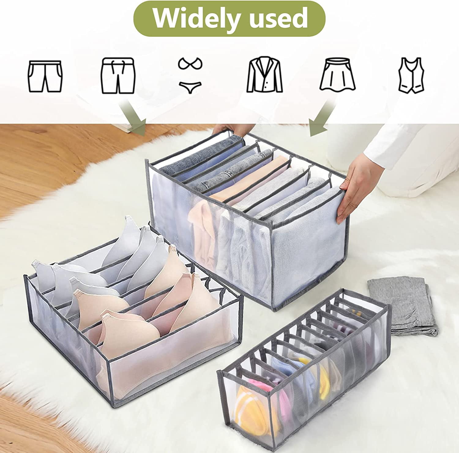 Wardrobe Clothes Organizer for Jeans, Upgraded Drawer Organizers for Clothing with Handle Foldable, Drawer Organizers Clothes(Gray,1PCS-M) 1PCS-7 Cell(M) — image 5