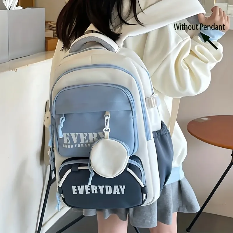 Color-Block Multi-Functional Backpack | Letter Print, Large Capacity & Splash-Resistant, Main Compartment Fits Laptop, Bonus Mini Coin Pouch, Versatile for — image 2