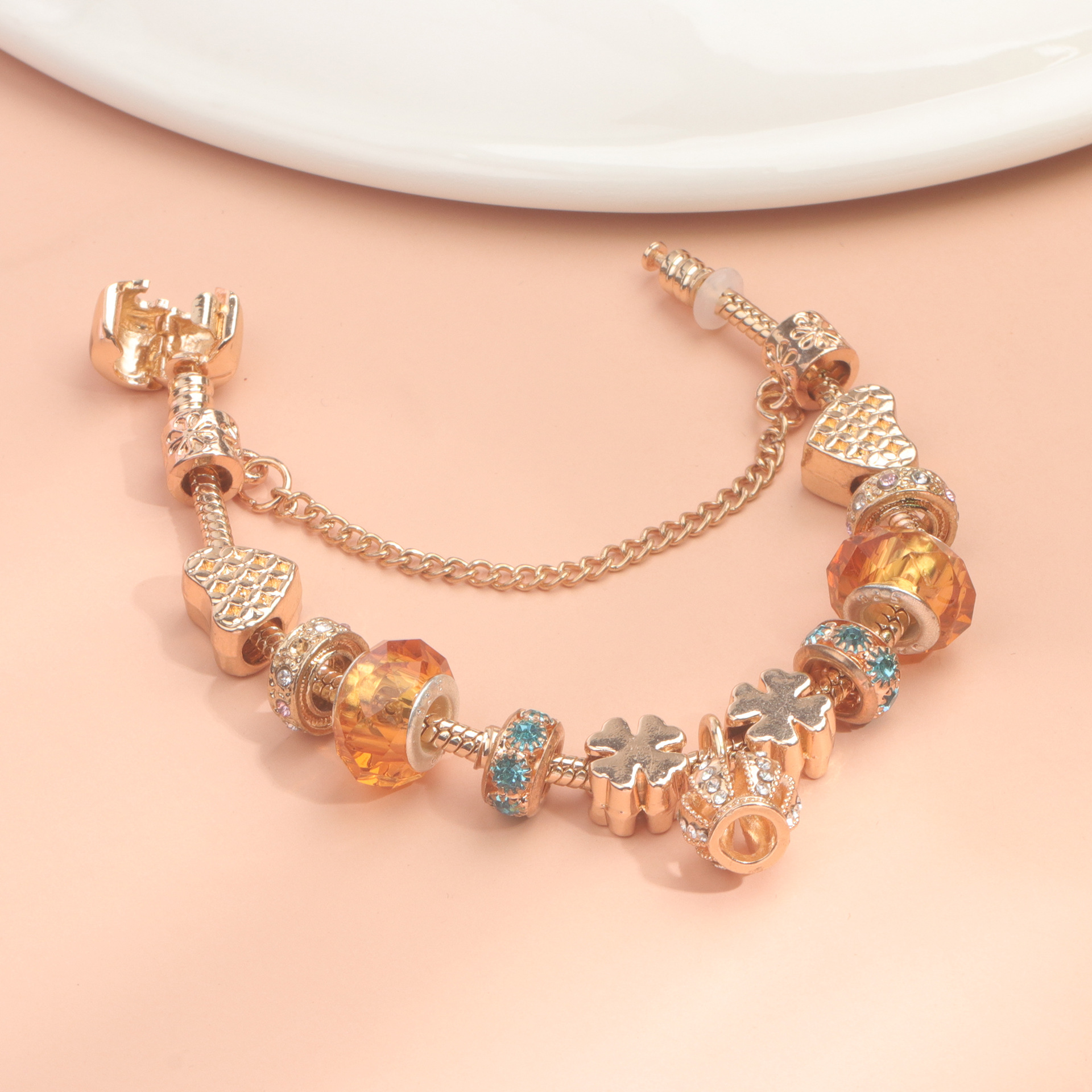 Rhinestone Gold Heart Glass Beaded Bracelet with Crown Pendant(17cm) — image 3