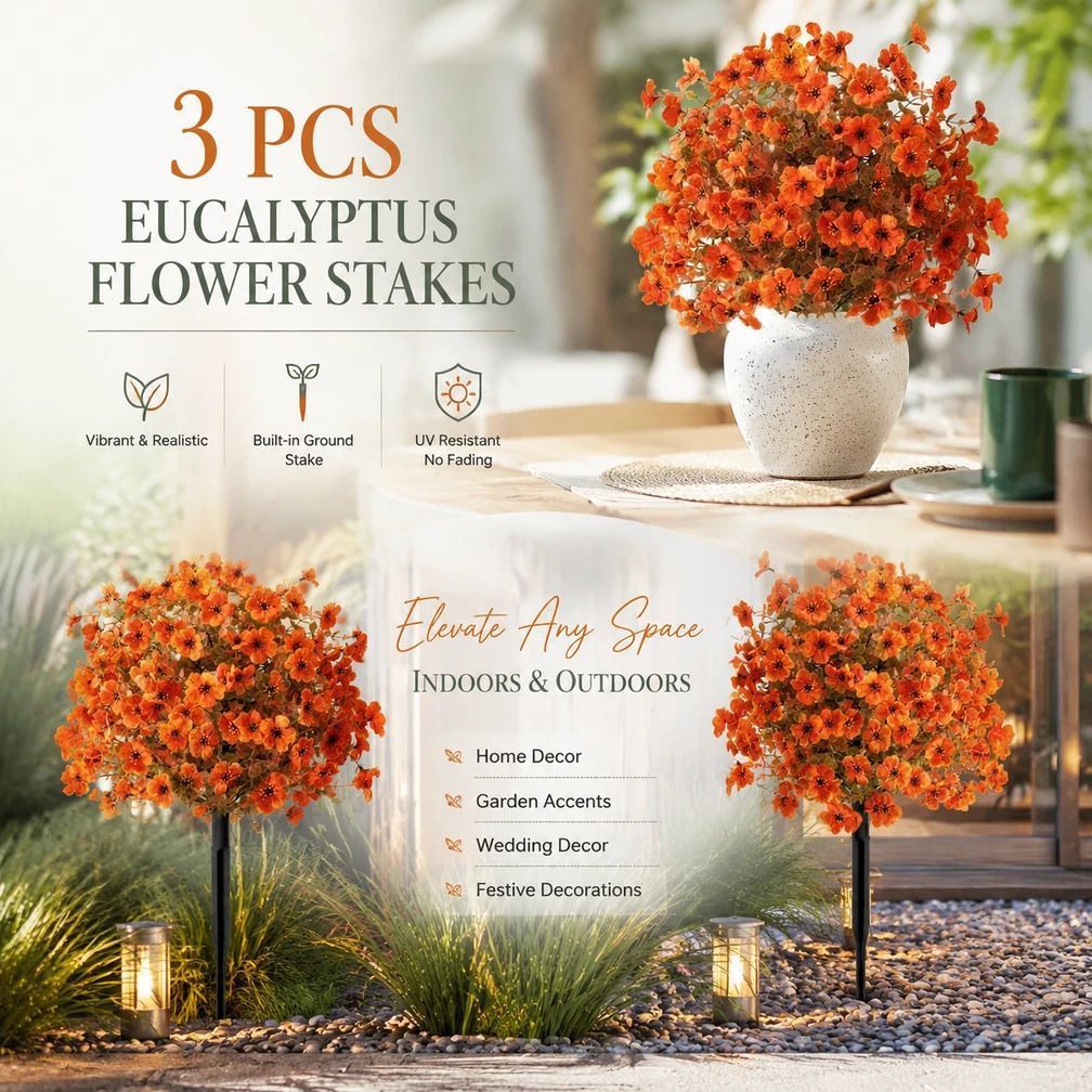 Autumn Orange Artificial Eucalyptus Greenery 3Pcs Outdoor Garden Display Stems