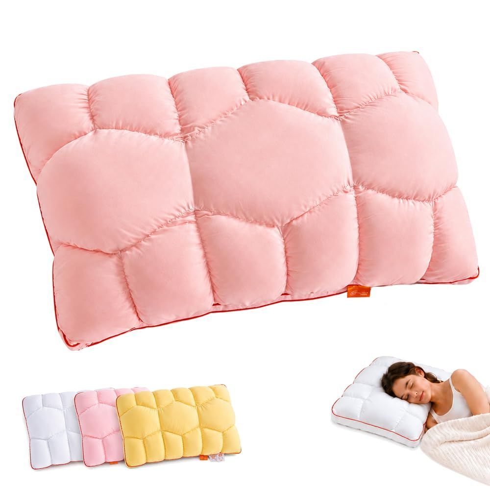 Cooling Marshmallow Puff Pillow, Quilted Cool-Touch Bed Pillow for Adults, Cloud-Like Fluffy Sleep Pillow with Neck Support for Side Back Sleepers - Pink