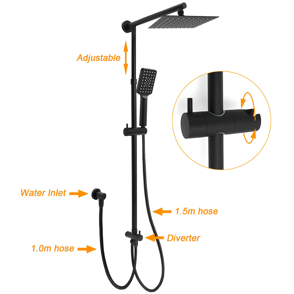 Matt Black 2in1 Set 8" Square Thin Shower Head Handheld Adjustable Silding Rail Arm โ image 2