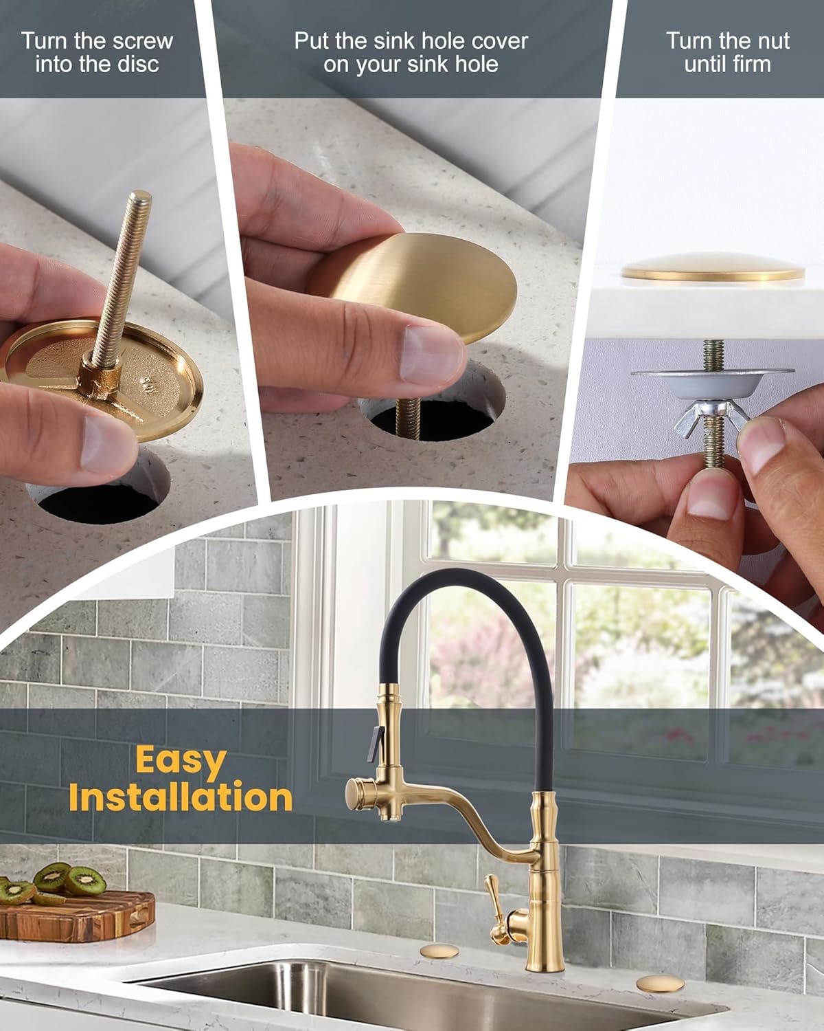 Kitchen Sink Hole Cover, 2 PCS Faucet Plate Stopper, Countertop Cap, Tap Blanking Metal Plug, Brushed Gold — image 5