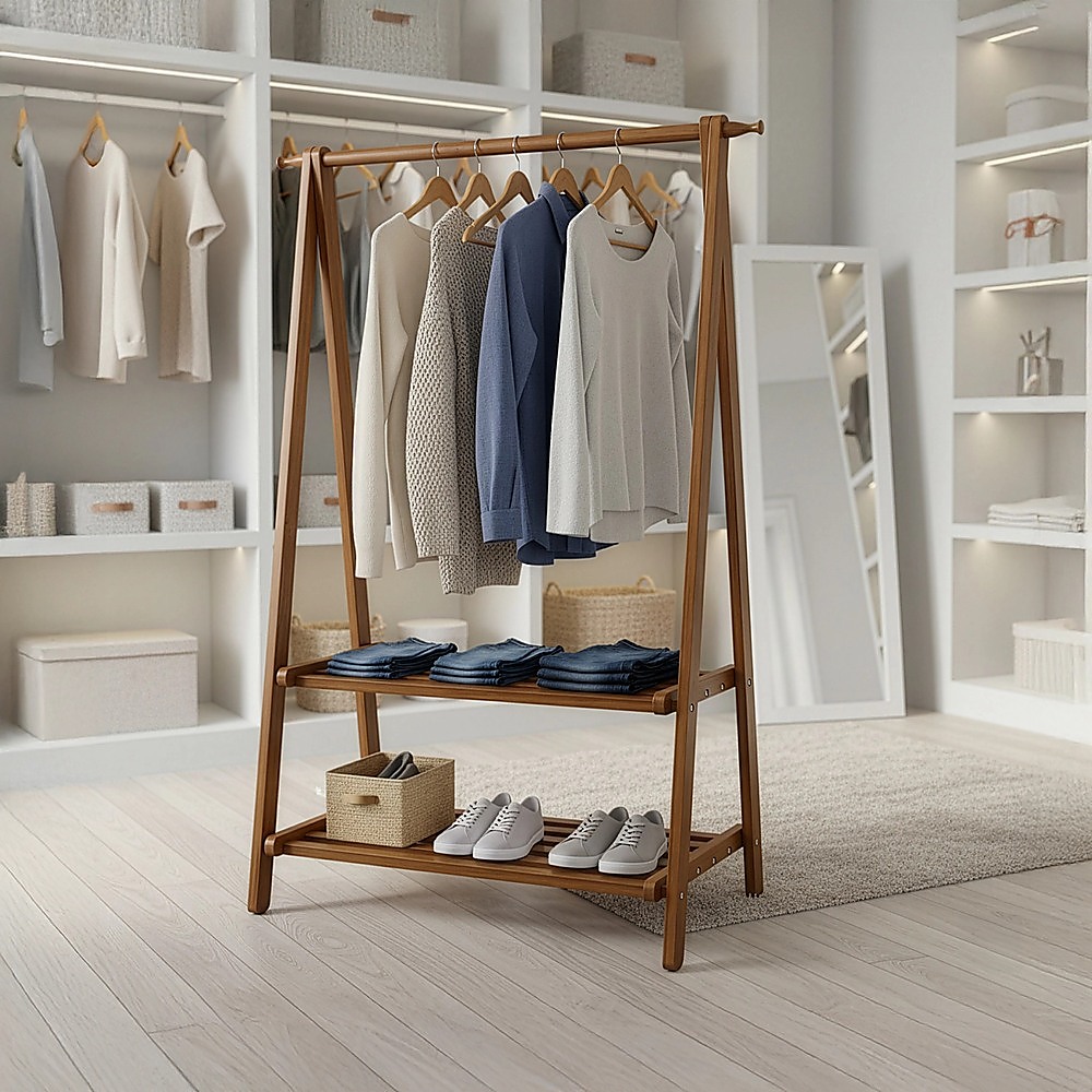 Portable Clothes Rack Coat Garment Stand Bamboo Rail Hanger Airer Closet โ image 2