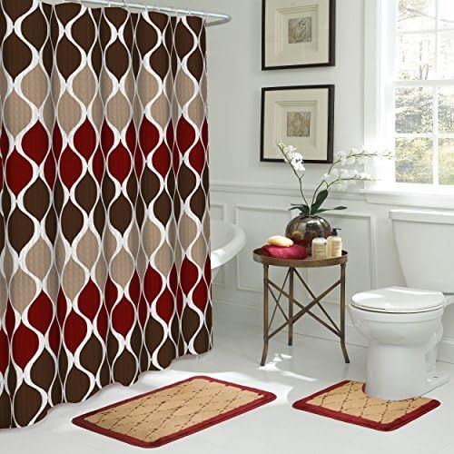 Brown Geometric Shower Curtain Red Tan Creative Home Textured Modern Home Fabric Bathroom Curtains Decor Set with (72" WX72 H) โ image 4