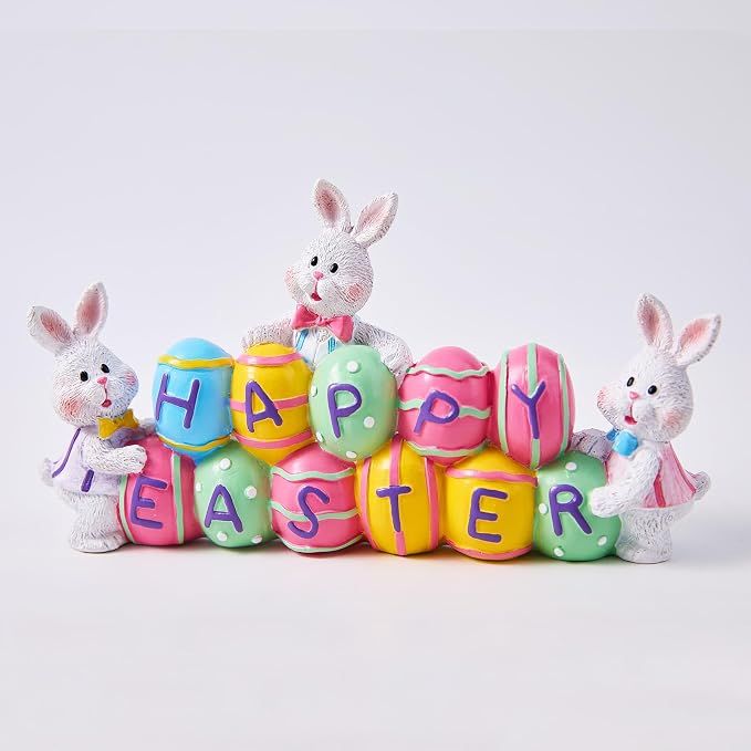3 Bunny Holding Eggs and Happy Easter Decorations, Resin Easter Bunny Rabbits Figurine Tabletop Centerpiece for Spring Decor Easter Home Office Party Decor