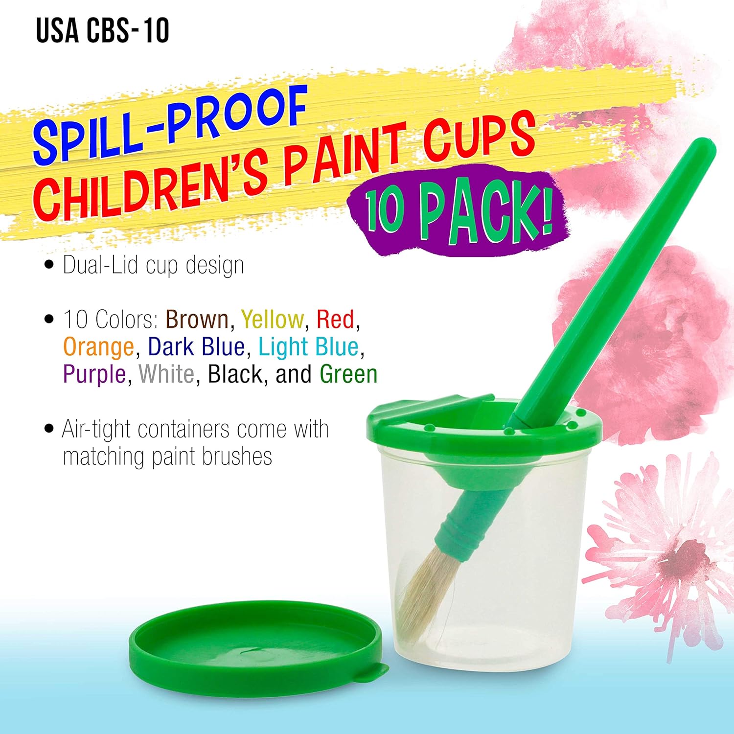 10 Piece Children's No Spill Paint Cups with Colored Lids and 10 Piece Large Round Brush Set with Plastic Handles โ image 2