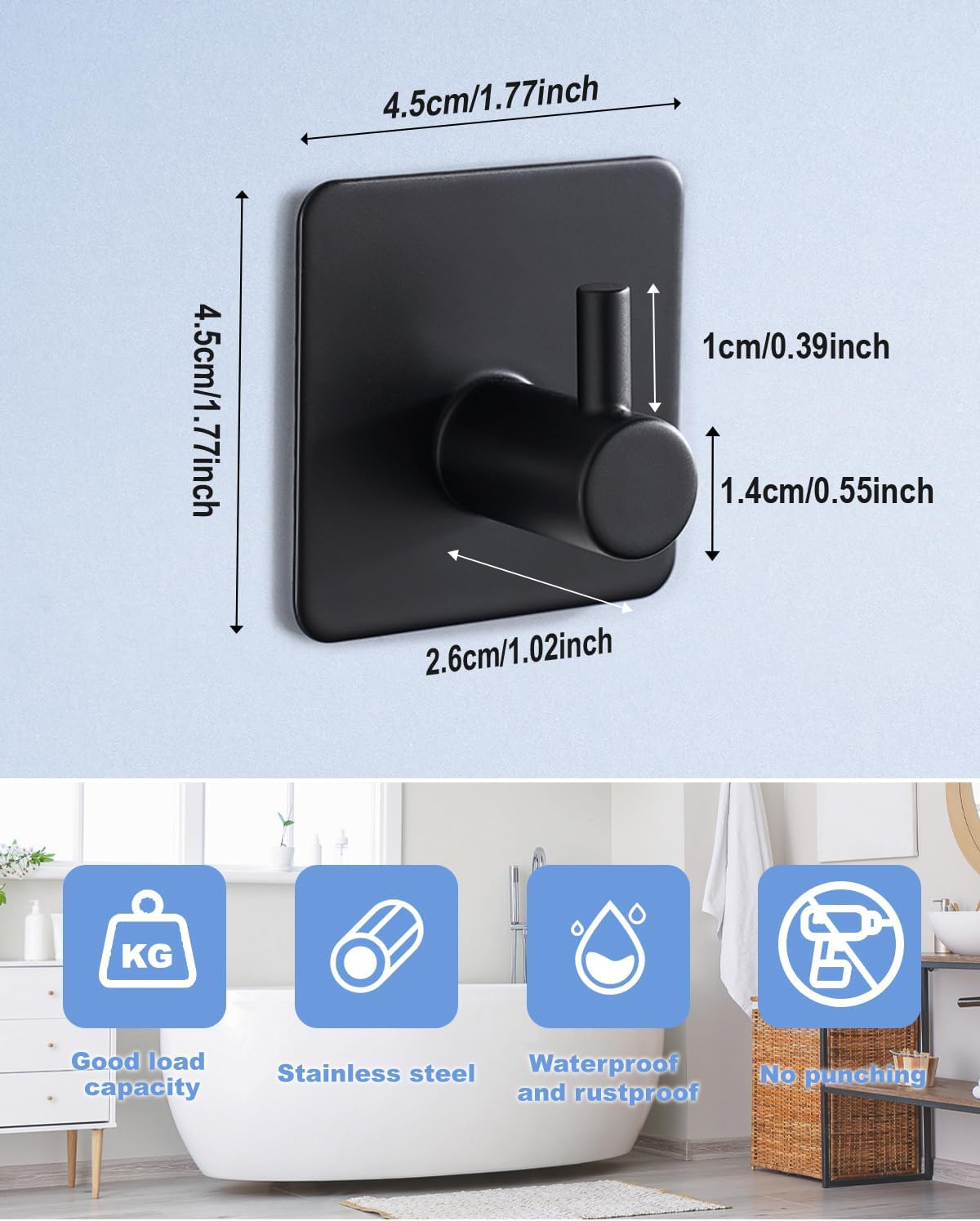 4 Pack Adhesive Hooks, Black Towel Hook for Bathrooms, Heavy Duty Stainless Steel Wall Hook, Waterproof Stick on Hook, Hooks for Hanging Robe, Key, Coat — image 3