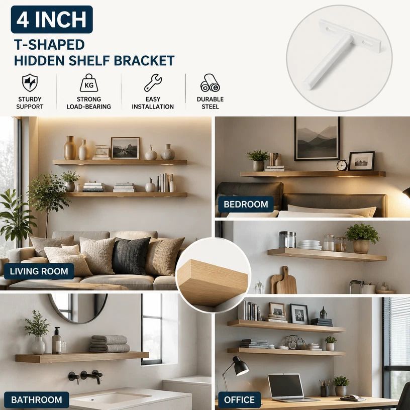 4" White Hidden T Shelf Bracket 2Pcs w/ 5x60&5x80 Screws