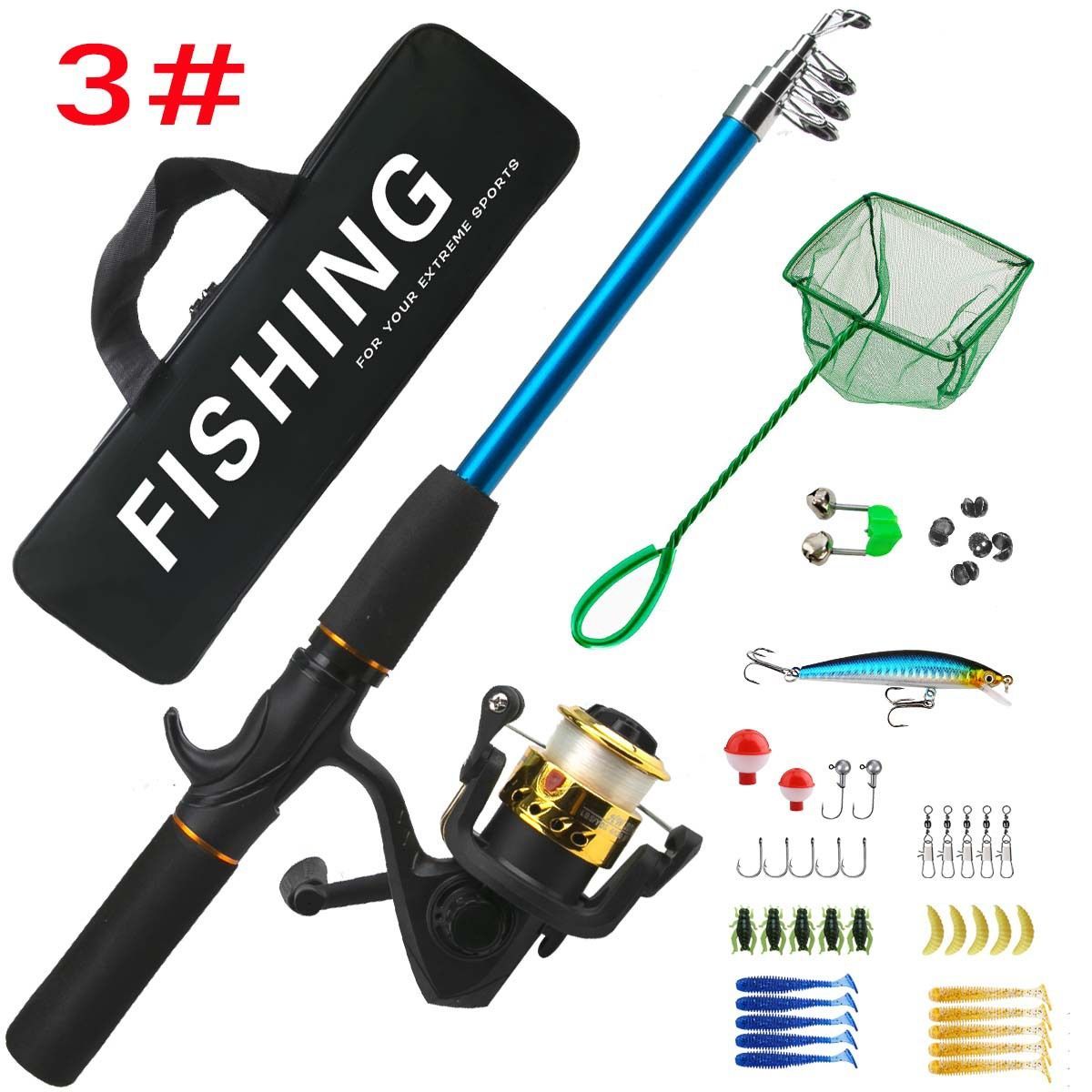 Beginner Fishing Set Fishing Tackles Including Reel Telescopic Rod Float Baits Hook Connector Landing Net & Storage Bag Rod - Green Set 3 - Size 1