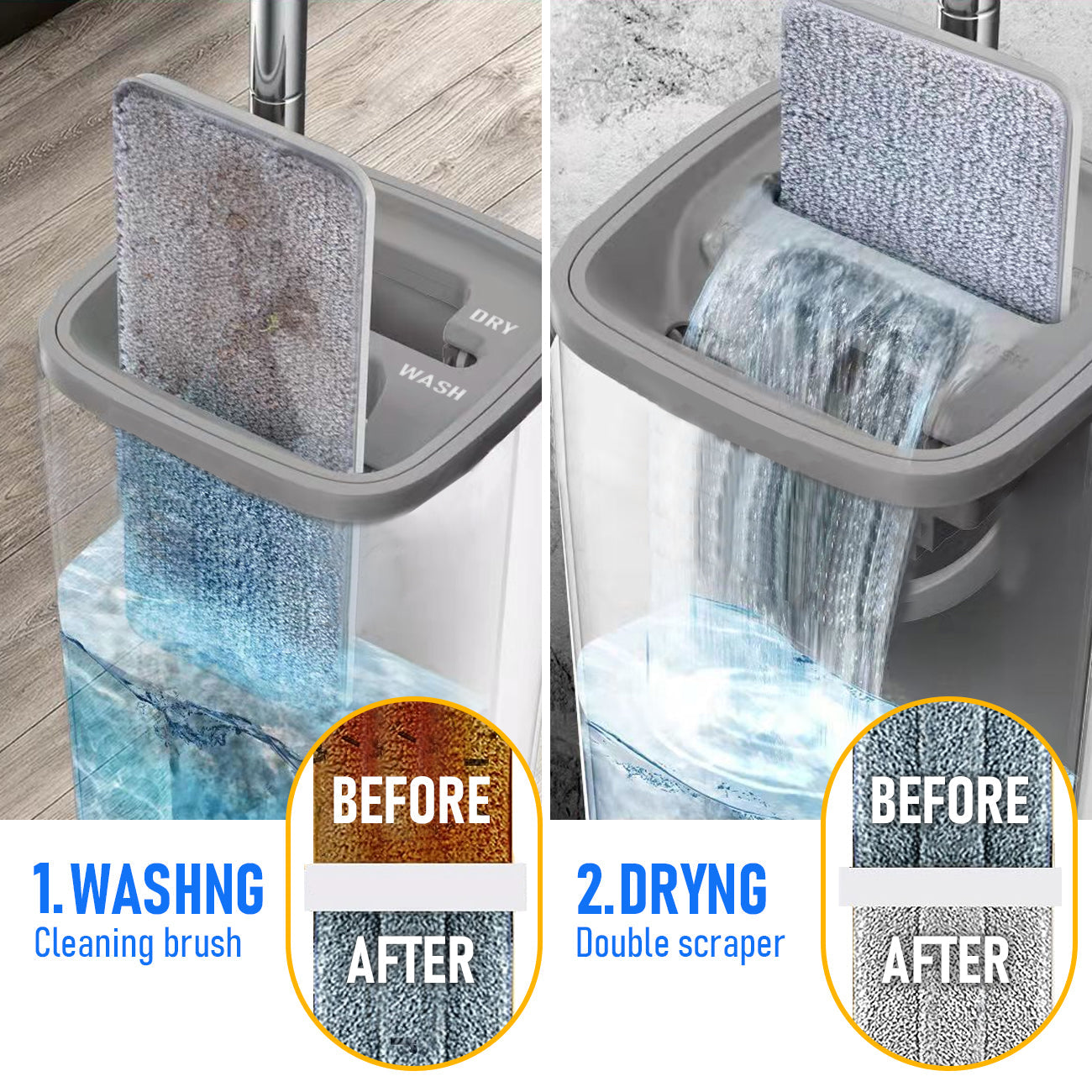 Flat D Set Mop and Bucket Wringer Set with Stainless-Steel Handle 10 Washable and Reusable Microfiber Pads for Hardwood Laminate Floors Tile โ image 2
