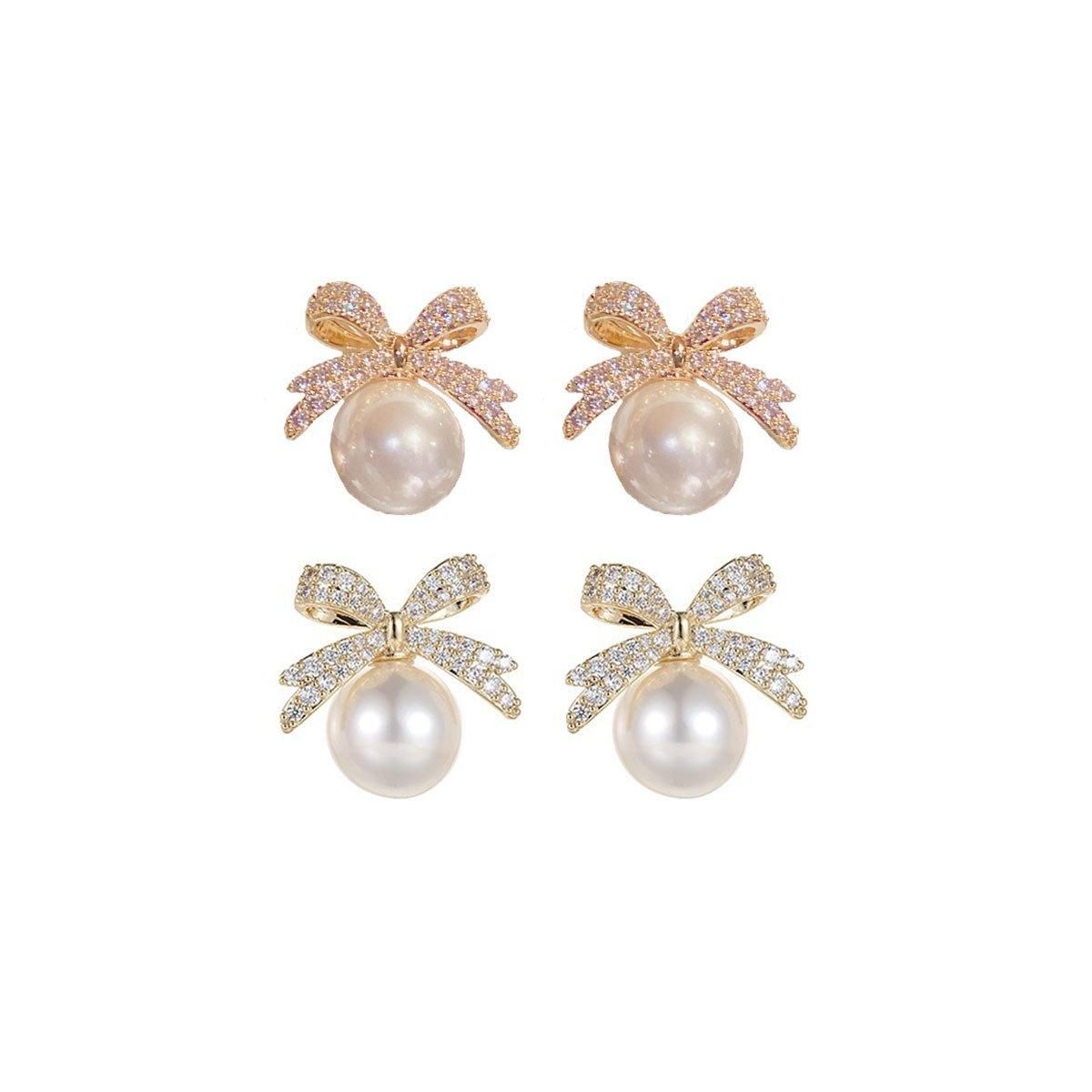 Vintage Ribbon Pearl Earrings Elegant Jewelry for Women Fashion Accessories Gift - White — image 3
