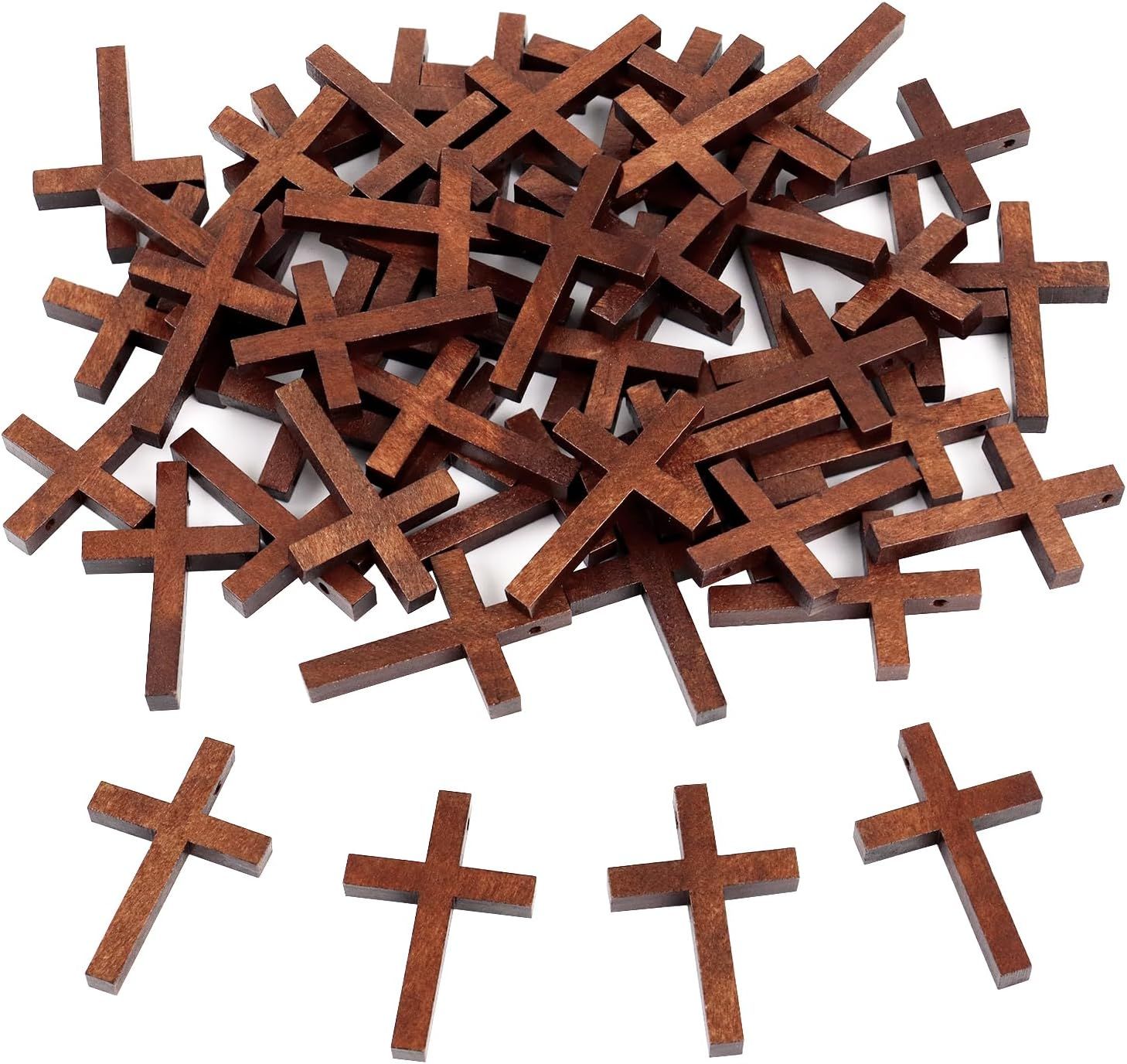50 Pack Small Wooden Cross Pendants, Unfinished Wood Charms for Easter Crafts, Baptism Favours, Rosary Jewellery and DIY Decor, 3 x 4.1 cm