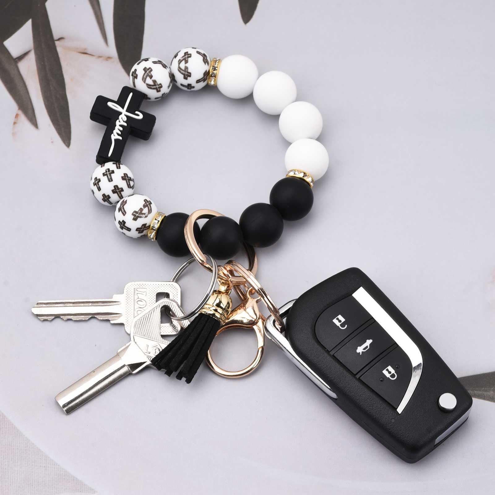 Black and White Silicone Bead Keychain Bracelet with Cross Charm and Tassel - Black, White, Teal, Leopard Print - Fashion Wristlet Key Ring for Women, Gift — image 2