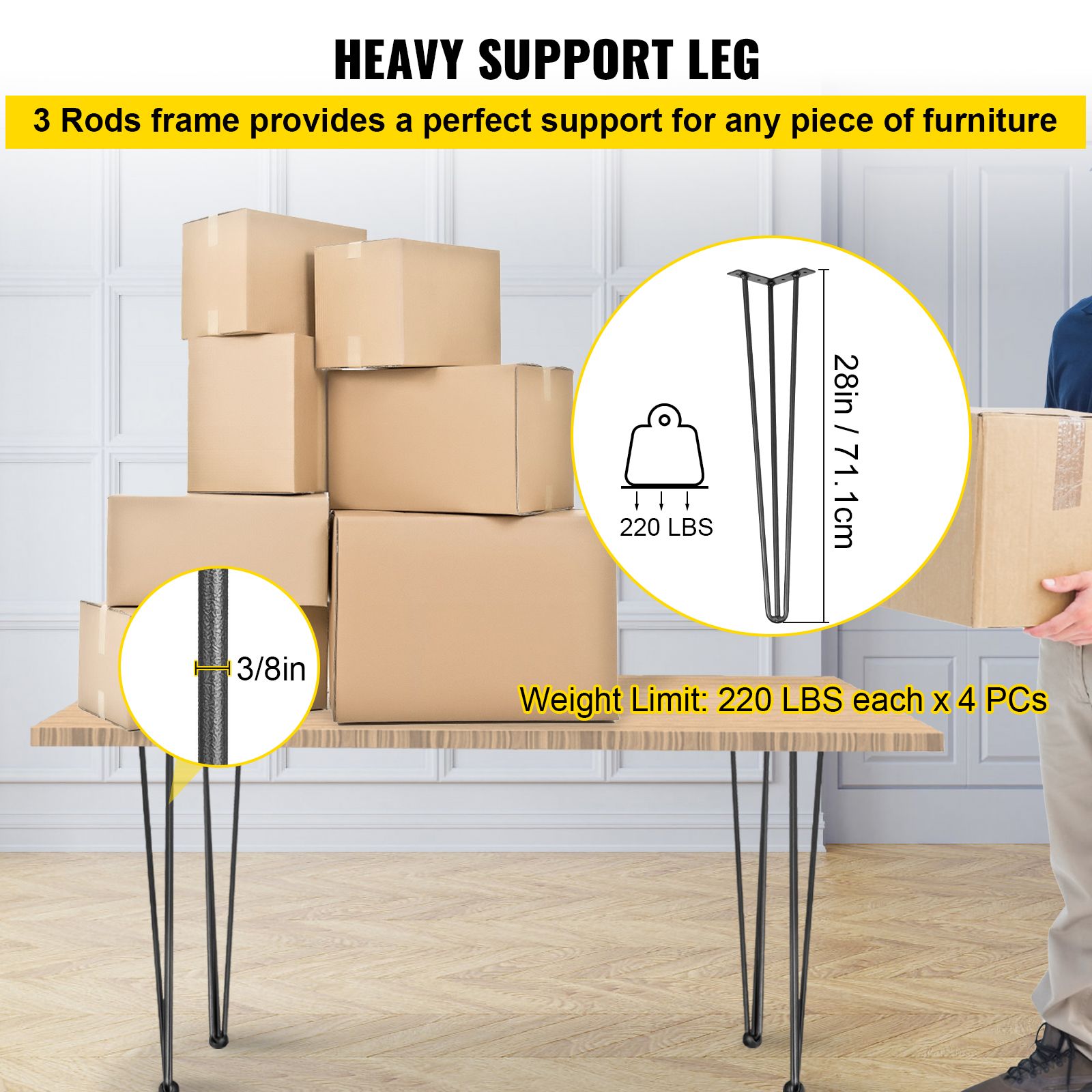 Hairpin Table Legs 28 inch, Set of 4 DIY Desk Table Legs 3 Rods Heavy Duty โ image 3