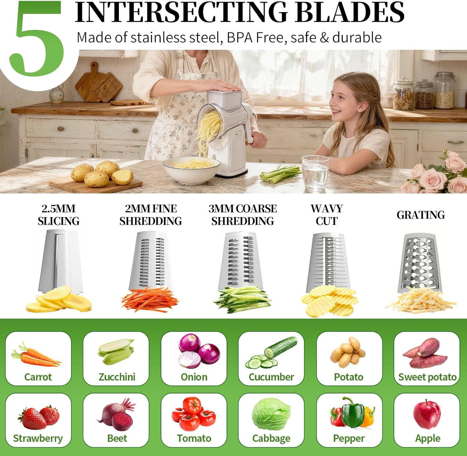 Rotary Cheese Grater Hand Crank - Cheese Shredder with 5 Blades & Storage Room, Easy to Clean, Stable Suction, Labor-Saving Handle, Rotary Grater Slicer for — image 3