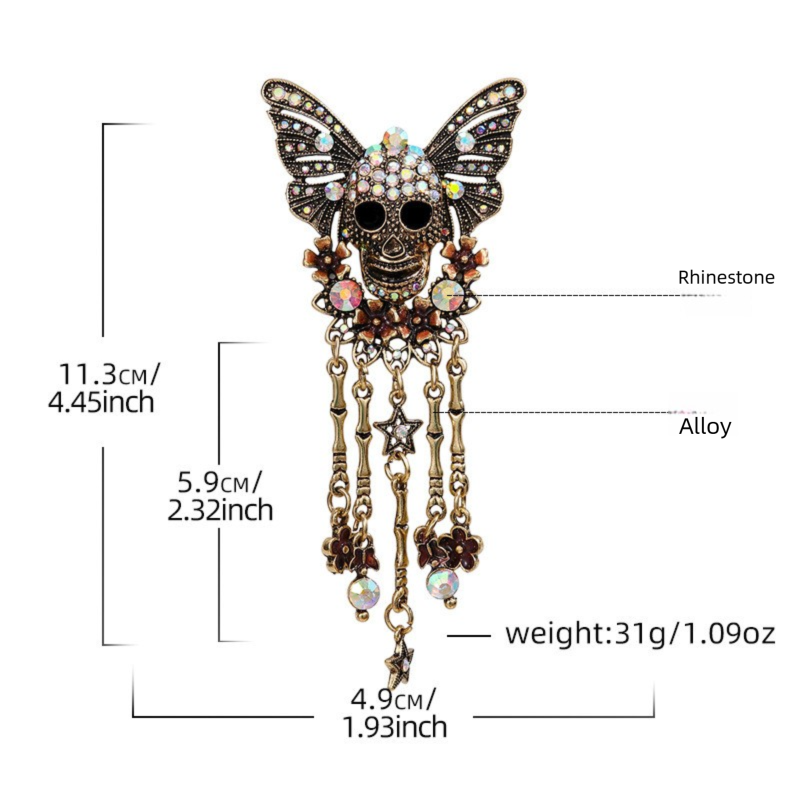 Gothic Skull Butterfly Brooch with Tassel - Vintage Rhinestone Skeleton Pin with Dangling Charms, Dark Aesthetic Statement Badge for Coat Sweater, 11.3cm โ image 6