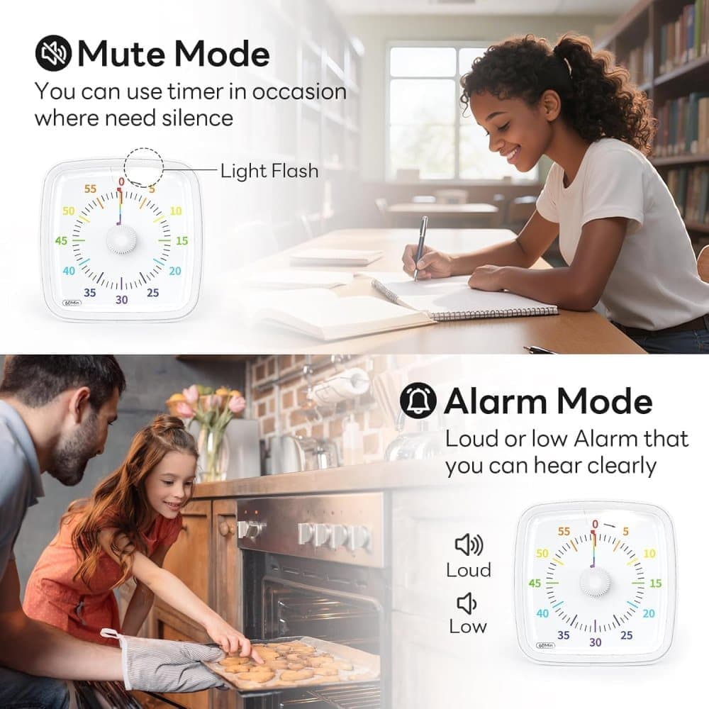 60 Minutes Visual Timer with Rainbow Pattern, Silent Flash Function, Adjustable Volume, White — image 5
