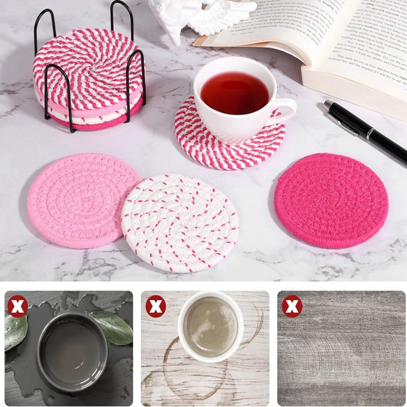Beige and Khaki Absorbent Woven Cotton Coasters - Set of 8 with Metal Holder - Heat Resistant Drink Mats for Table Protection โ image 4