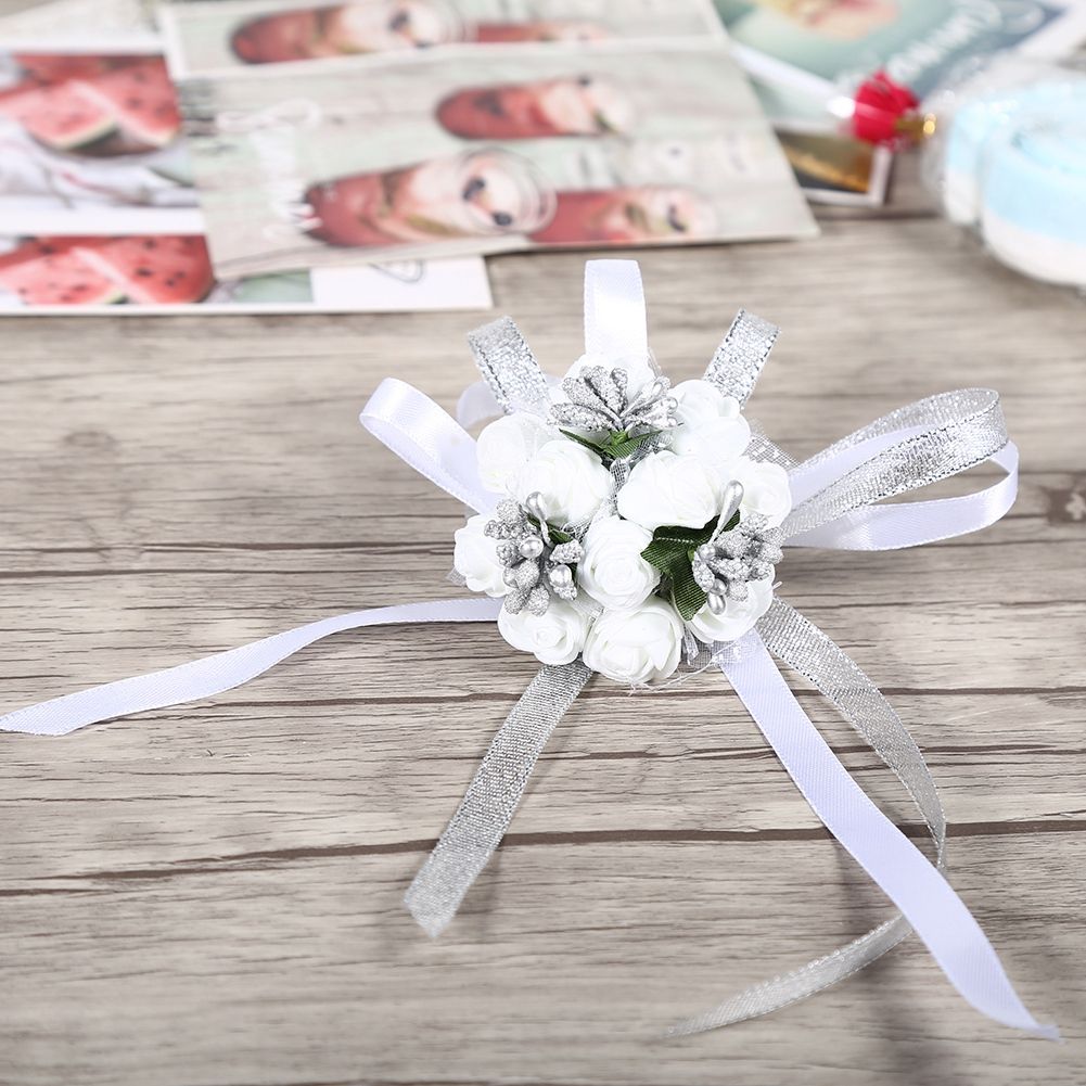 Beautiful Hand Ribbon Flower Bridal Bridesmaid Wrist Corsage Prom Wedding Decorations (Silver) โ image 2