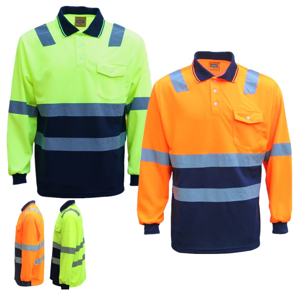 HI VIS Long Sleeve Workwear Shirt w Reflective Tape Cool Dry Safety Polo 2 Tone, Fluoro Yellow /Navy, L โ image 2