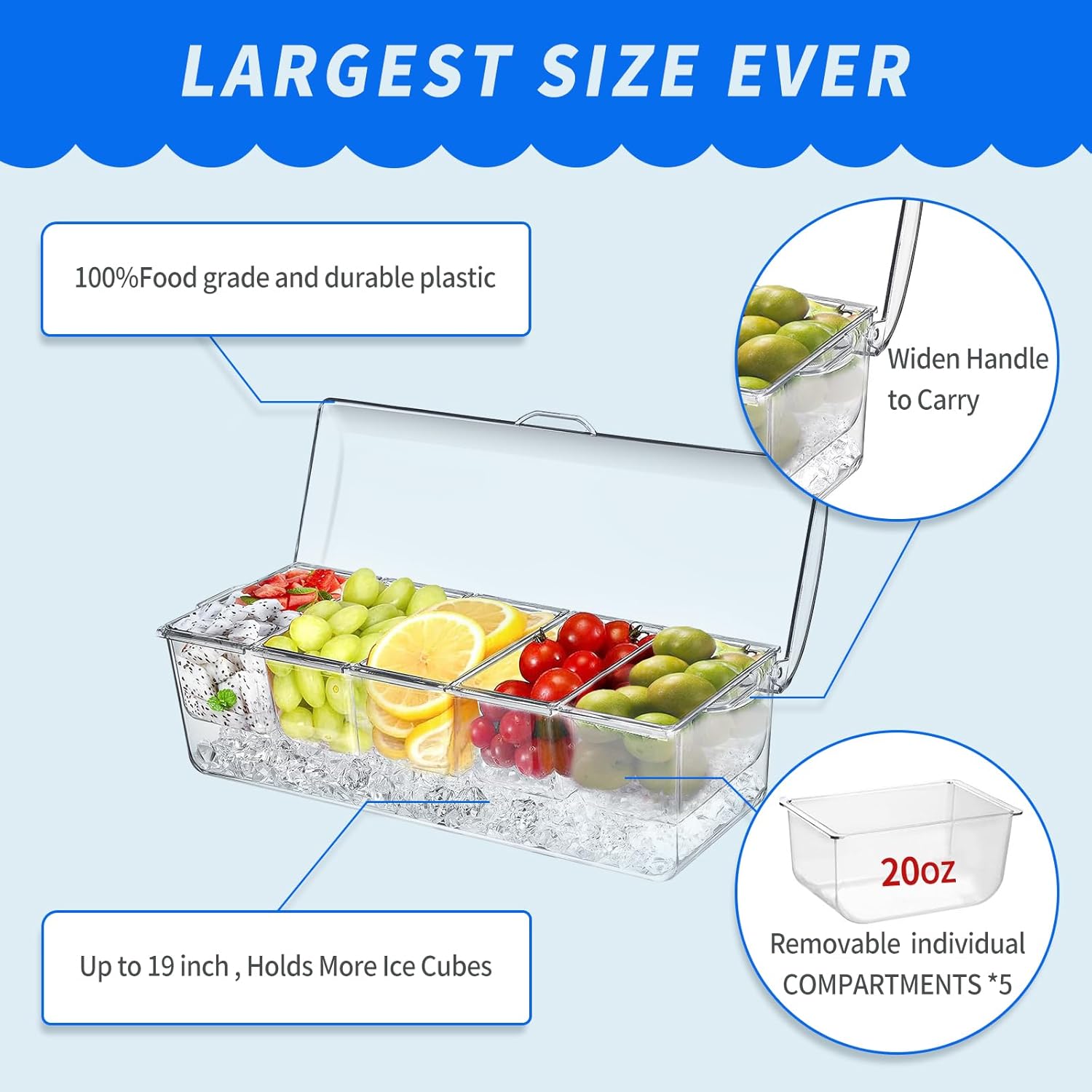 Large Ice Chilled Condiment Caddy,Chilled Condiment Containers Server with Lids for 5 Removable Compartments (2.5 cup),Serving Platters, Fruit & Garnish Tray — image 3