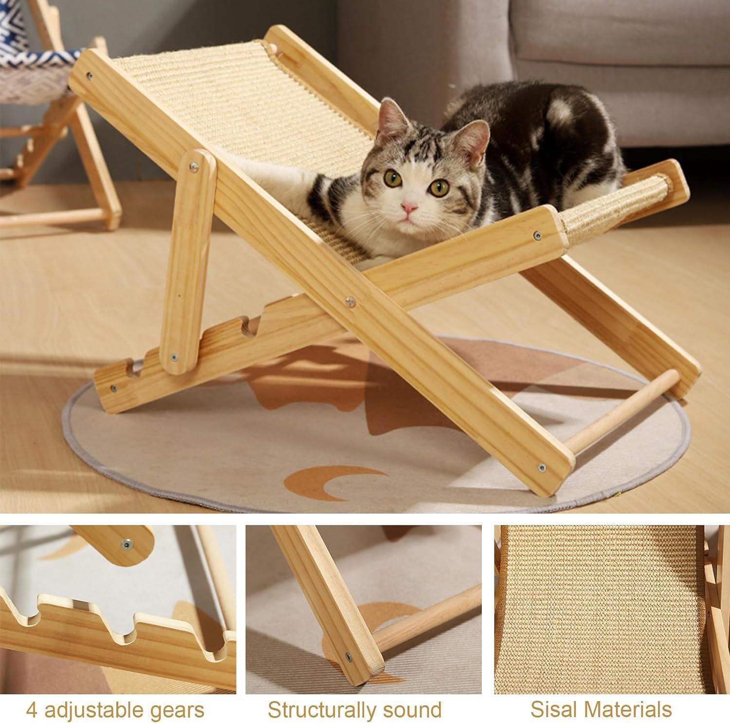 Adjustable Elevated Cat Chair Bed, Relaxation Cat Bed with Durable and Non-Shedding Sisal Scratcher, Wood Elevated Cat Beds — image 3
