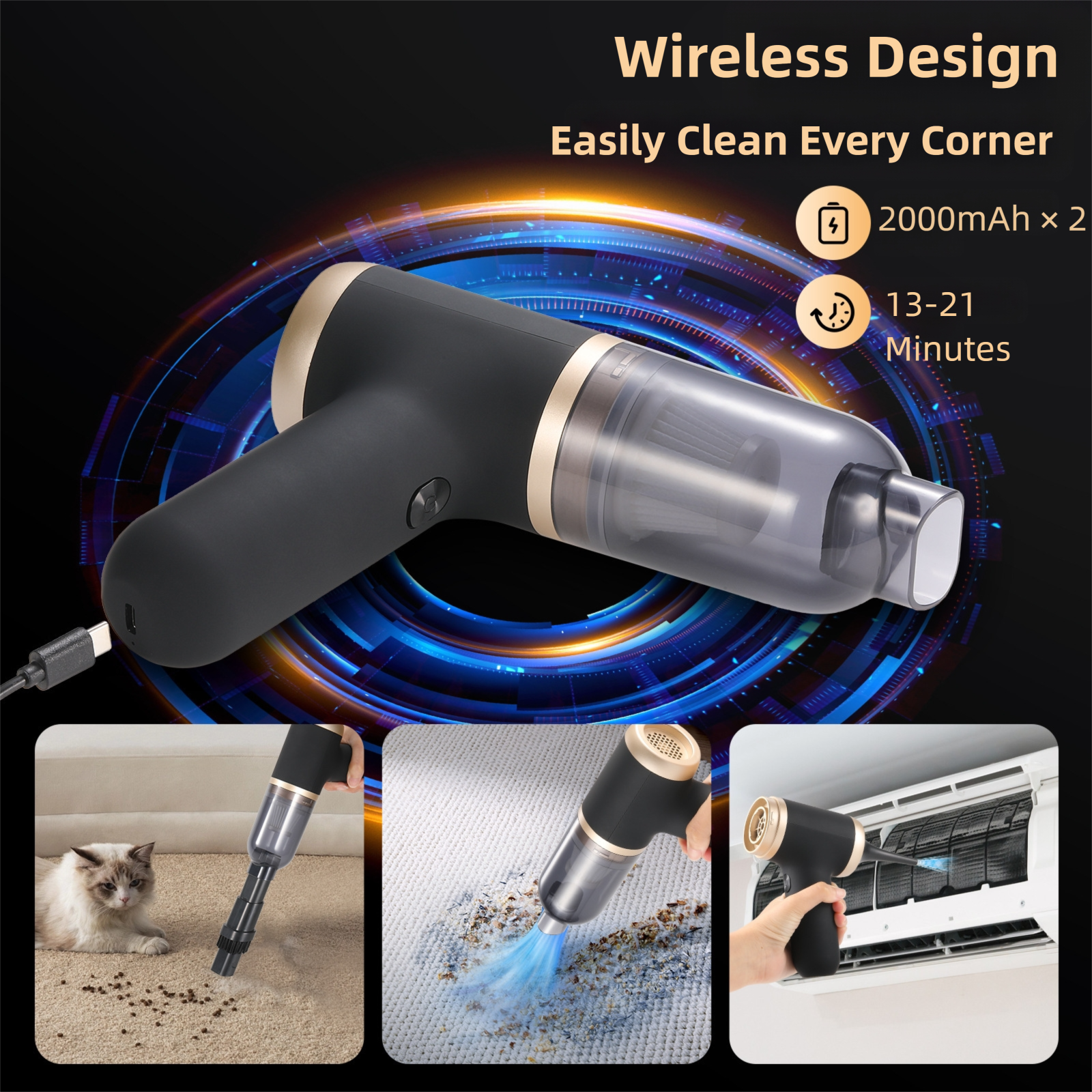 Black Portable 2-in-1 Cordless Vacuum Duster Kit with 2 Attachments — image 3