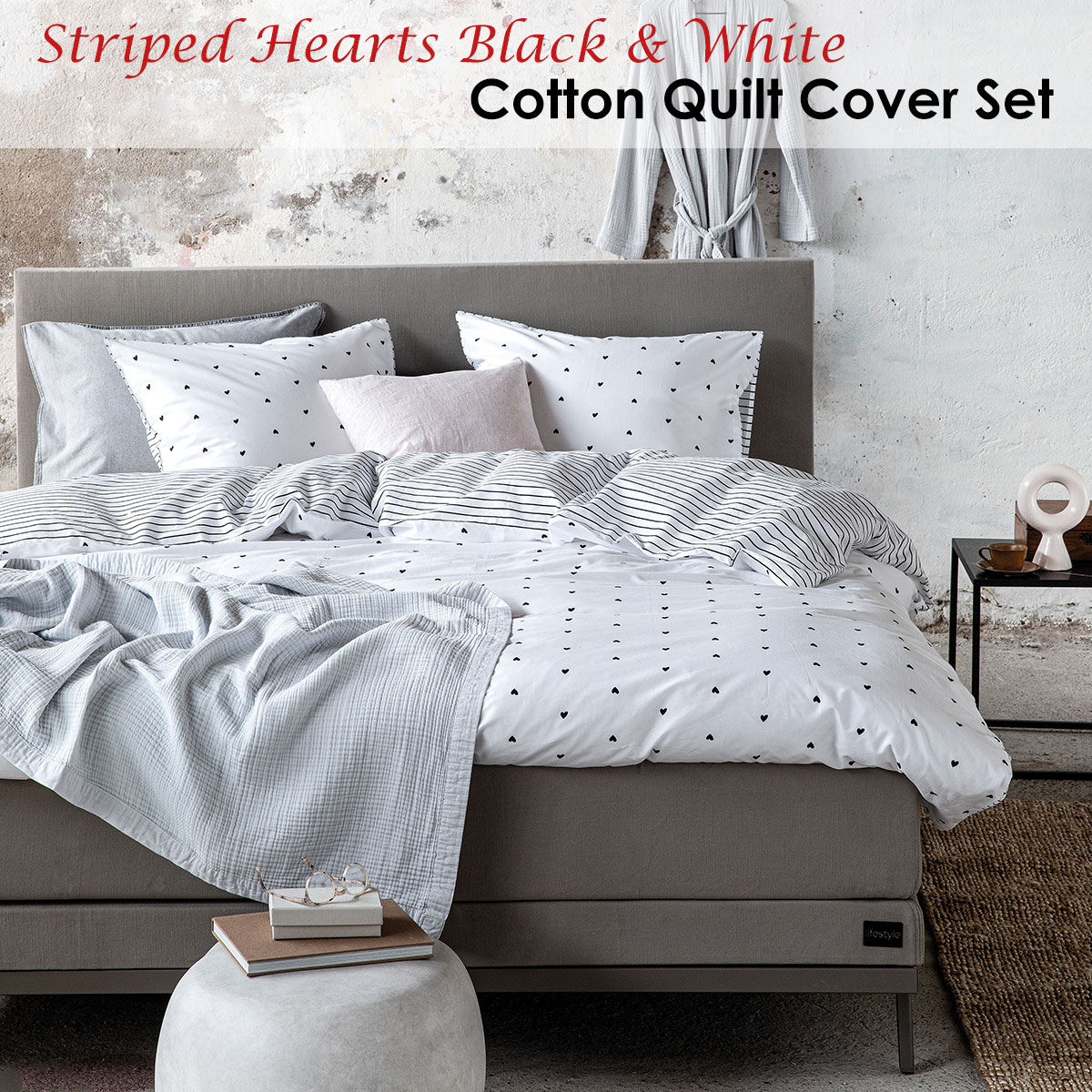 VTWonen Striped Hearts Black & White Cotton Quilt Cover Set King — image 2