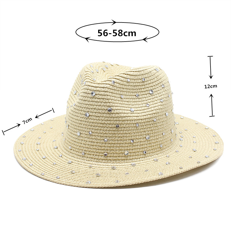 Yellow Women's Wide-Brim Straw Hat with Rhinestones - Elegant and Breathable Sun Hat for Summer Outdoors,M(56-58cm) — image 2